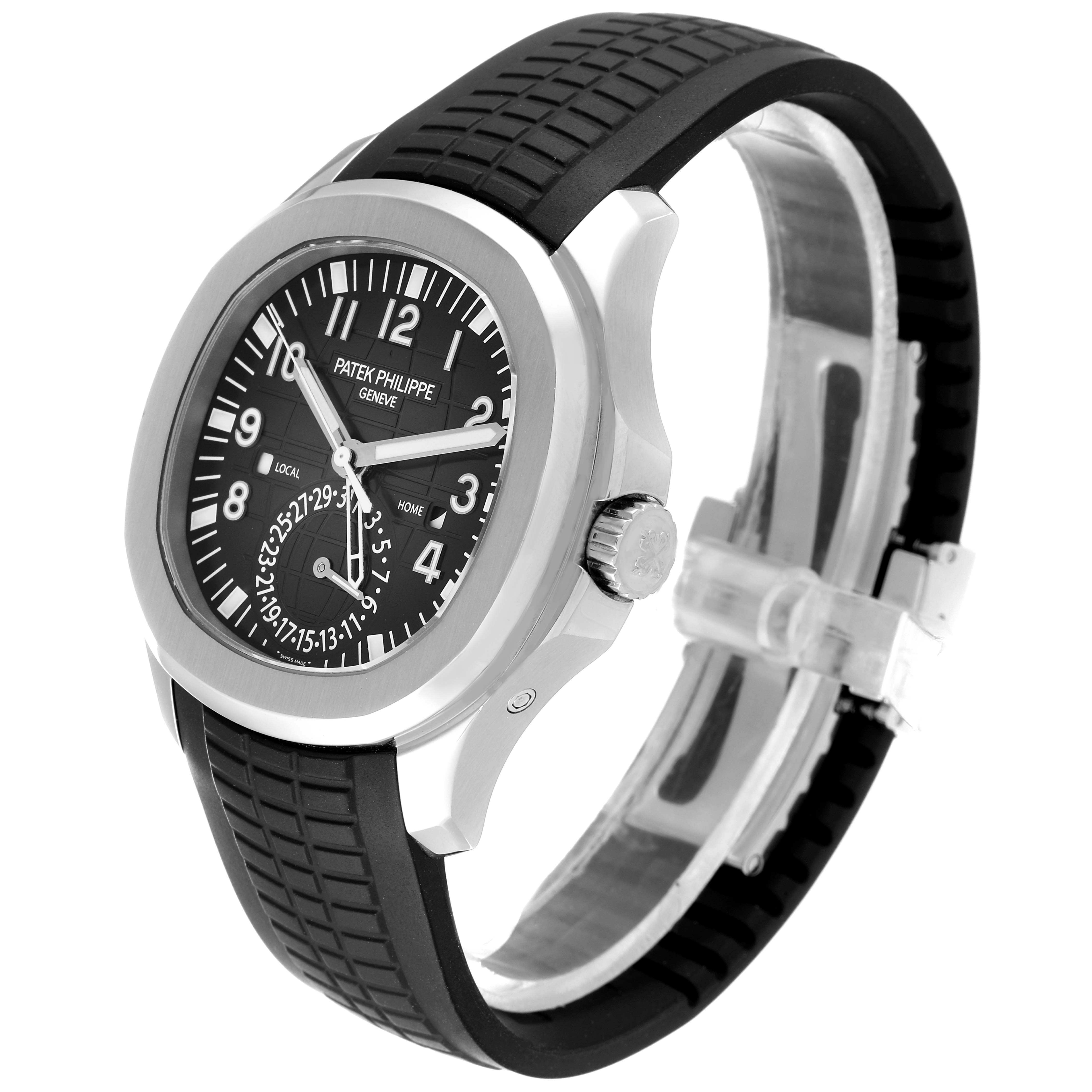 The image shows a side-angle view of the Aquanaut model by Patek Philippe, highlighting the case, dial, and black strap.