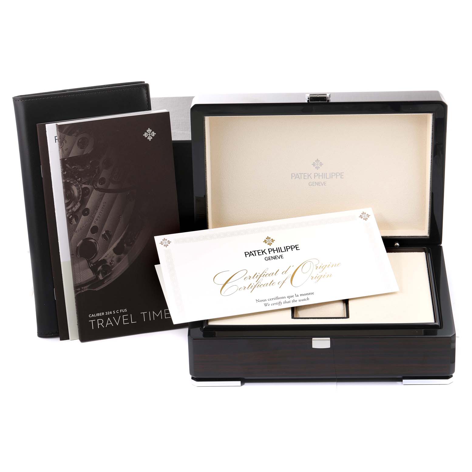 The image shows a Patek Philippe Aquanaut 5164A Men's Stainless Steel Black Dial 5164A Men's Stainless Steel Black Dial watch box, a certificate of origin, and a travel time booklet.