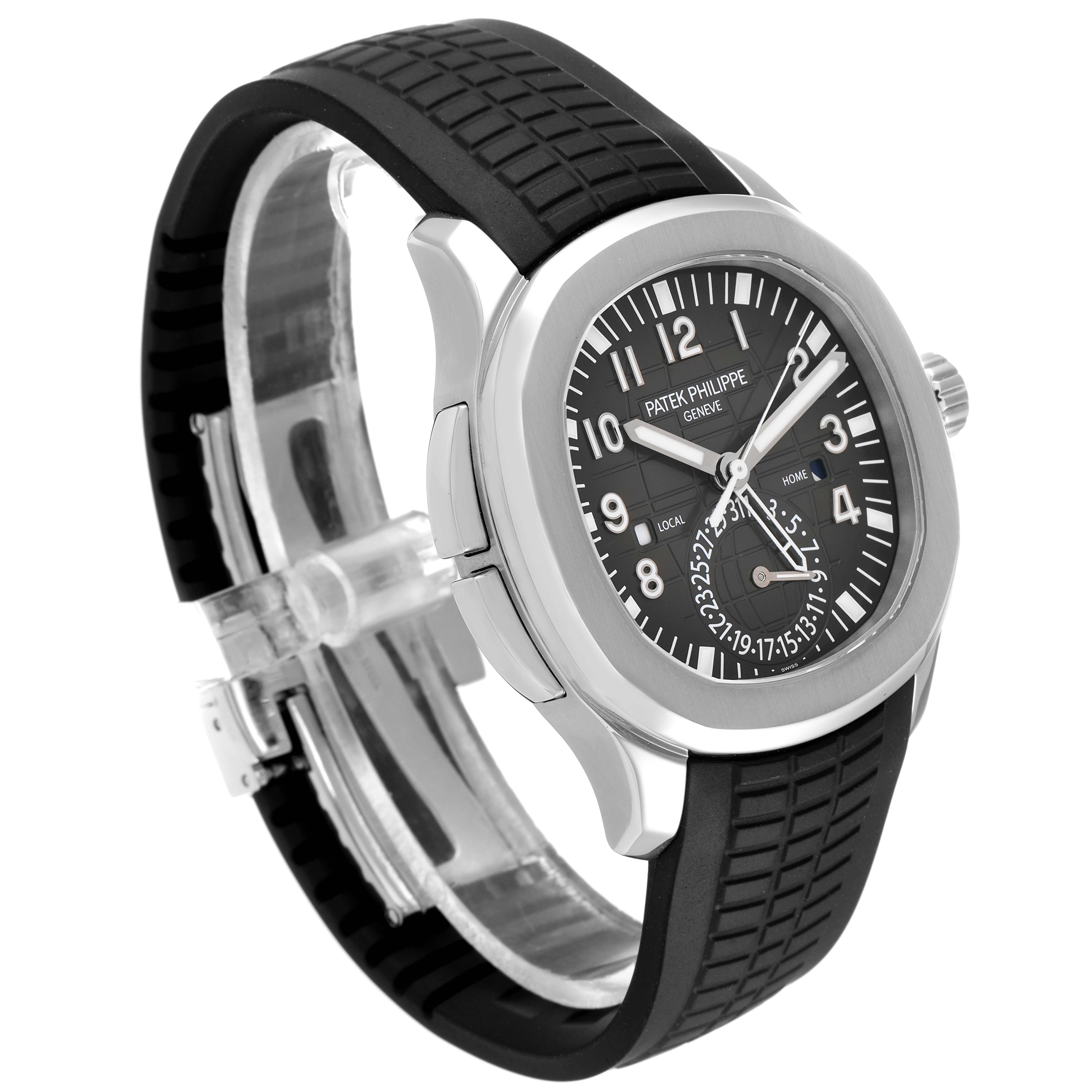 The image shows a side view of the Patek Philippe Aquanaut 5164A Men's Stainless Steel Black Dial 5164A Men's Stainless Steel Black Dial watch, highlighting the dial, case, and rubber strap.