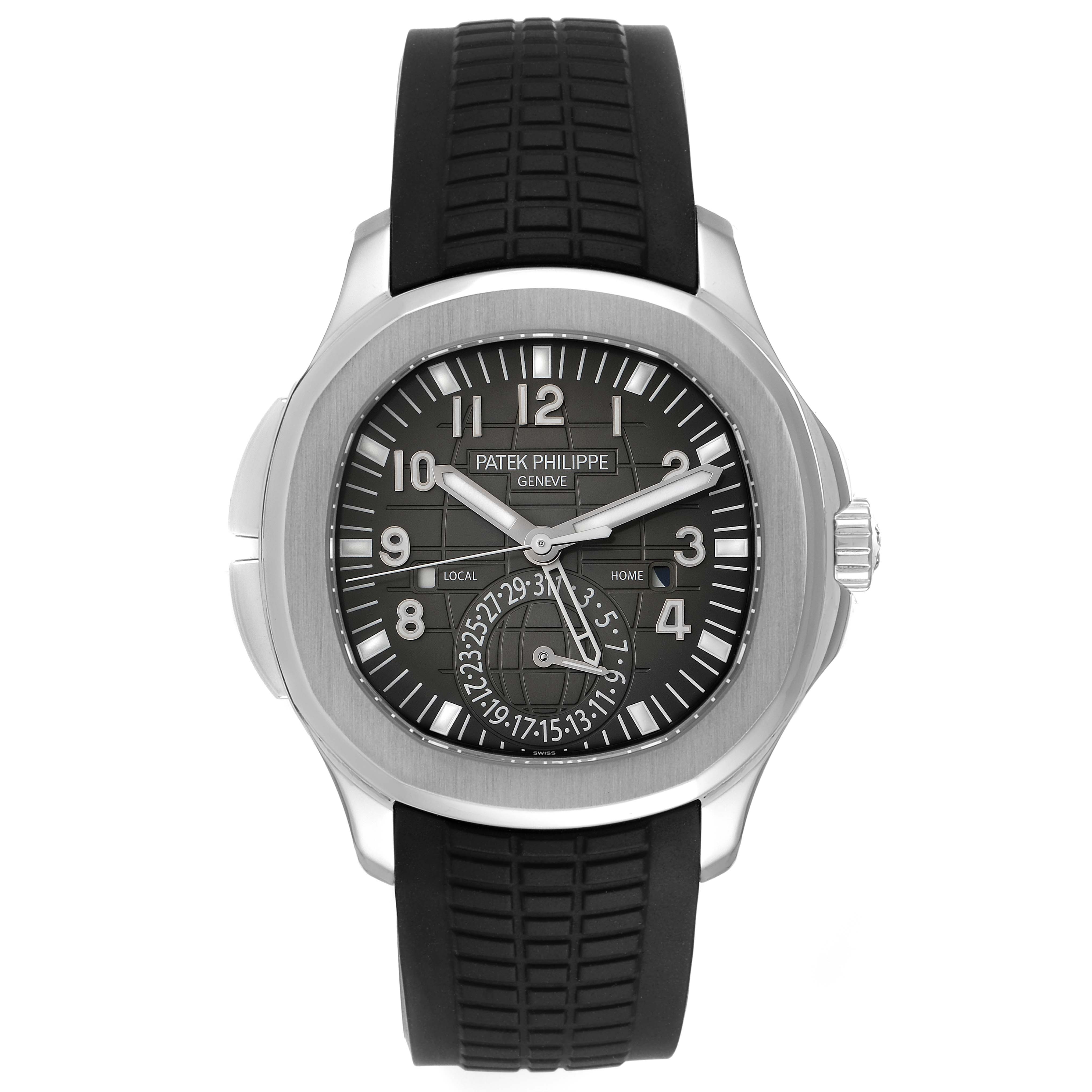 This image shows a front view of the Patek Philippe Aquanaut 5164A Men's Stainless Steel Black Dial 5164A Men's Stainless Steel Black Dial watch, highlighting the dial, case, and rubber strap.
