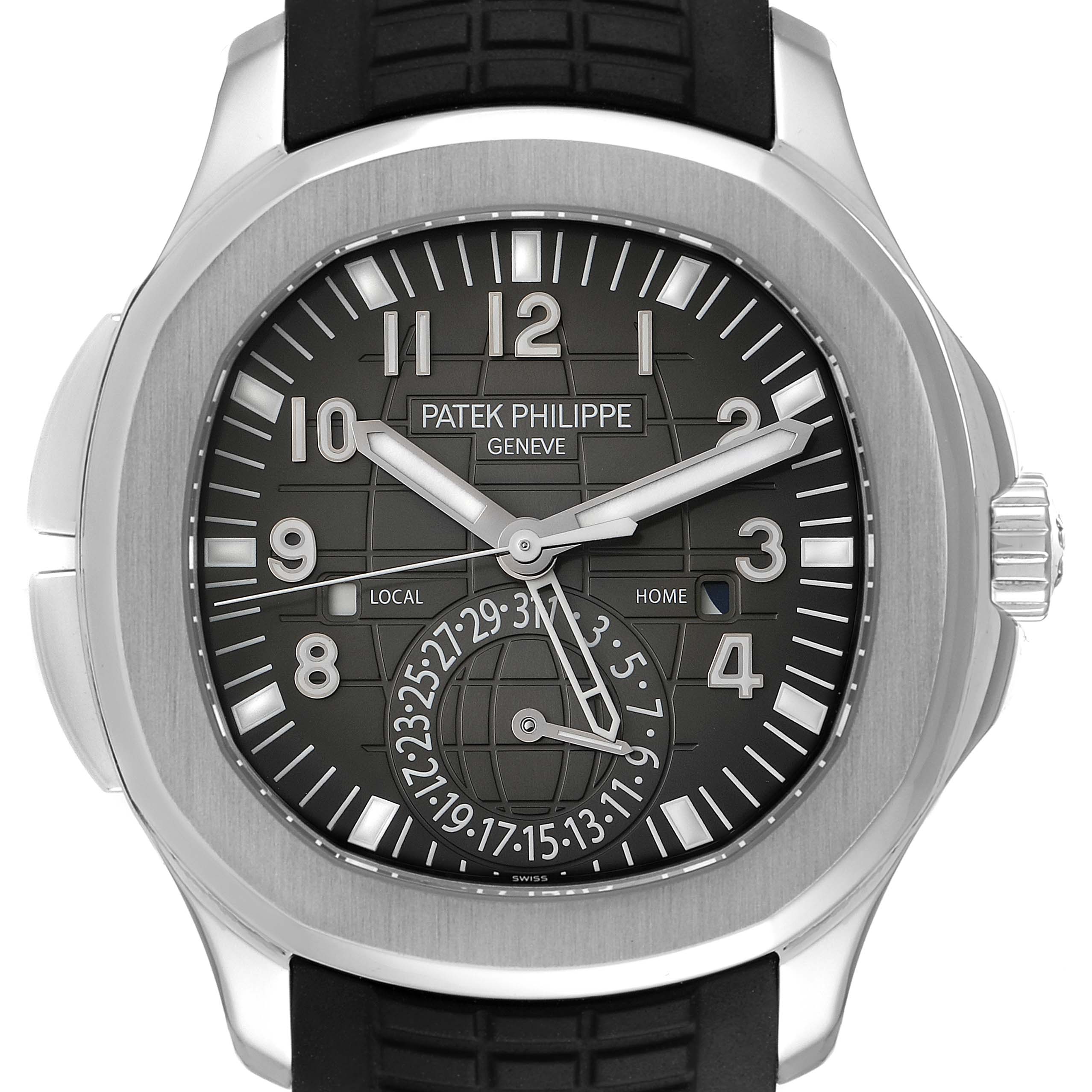 The image shows a front view of the Patek Philippe Aquanaut 5164A Men's Stainless Steel Black Dial 5164A Men's Stainless Steel Black Dial watch, displaying its dial, hands, and rubber strap.