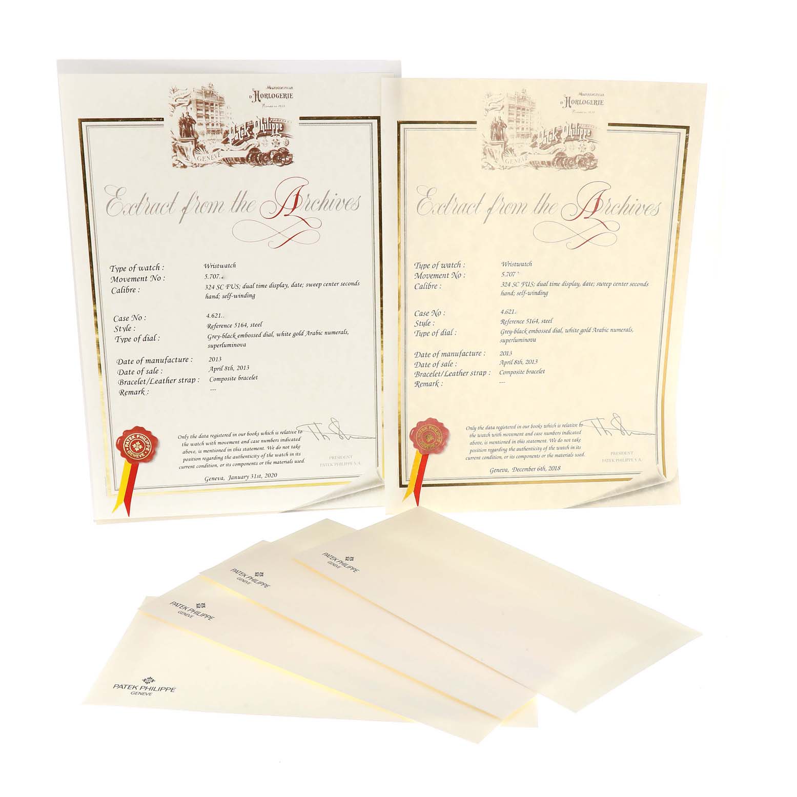 The image shows documentation for the Aquanaut model by Patek Philippe, including certificates and envelopes, viewed from above.