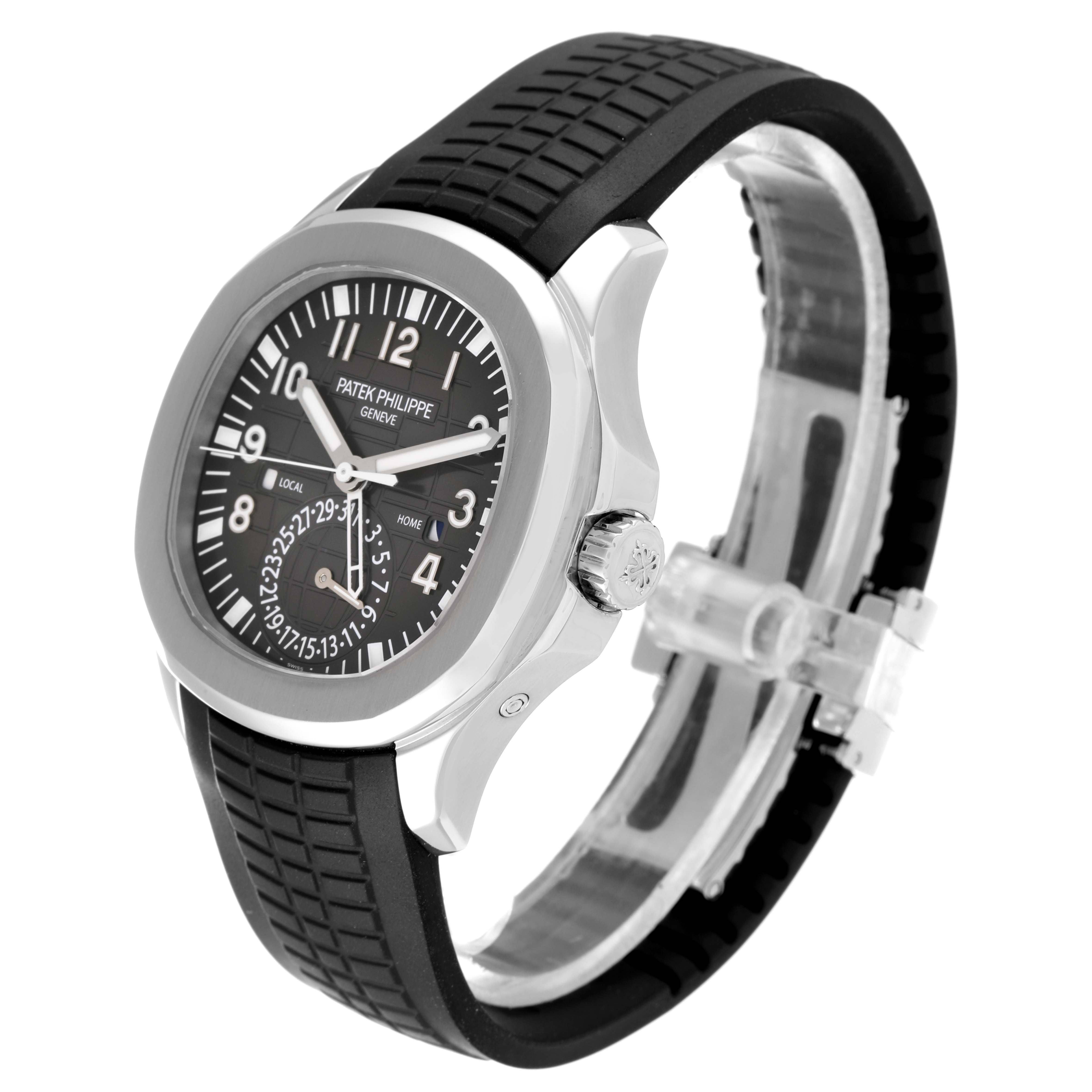 This image shows a Patek Philippe Aquanaut 5164A Men's Stainless Steel Black Dial 5164A Men's Stainless Steel Black Dial watch from a side angle, highlighting the dial, bezel, crown, and rubber strap.