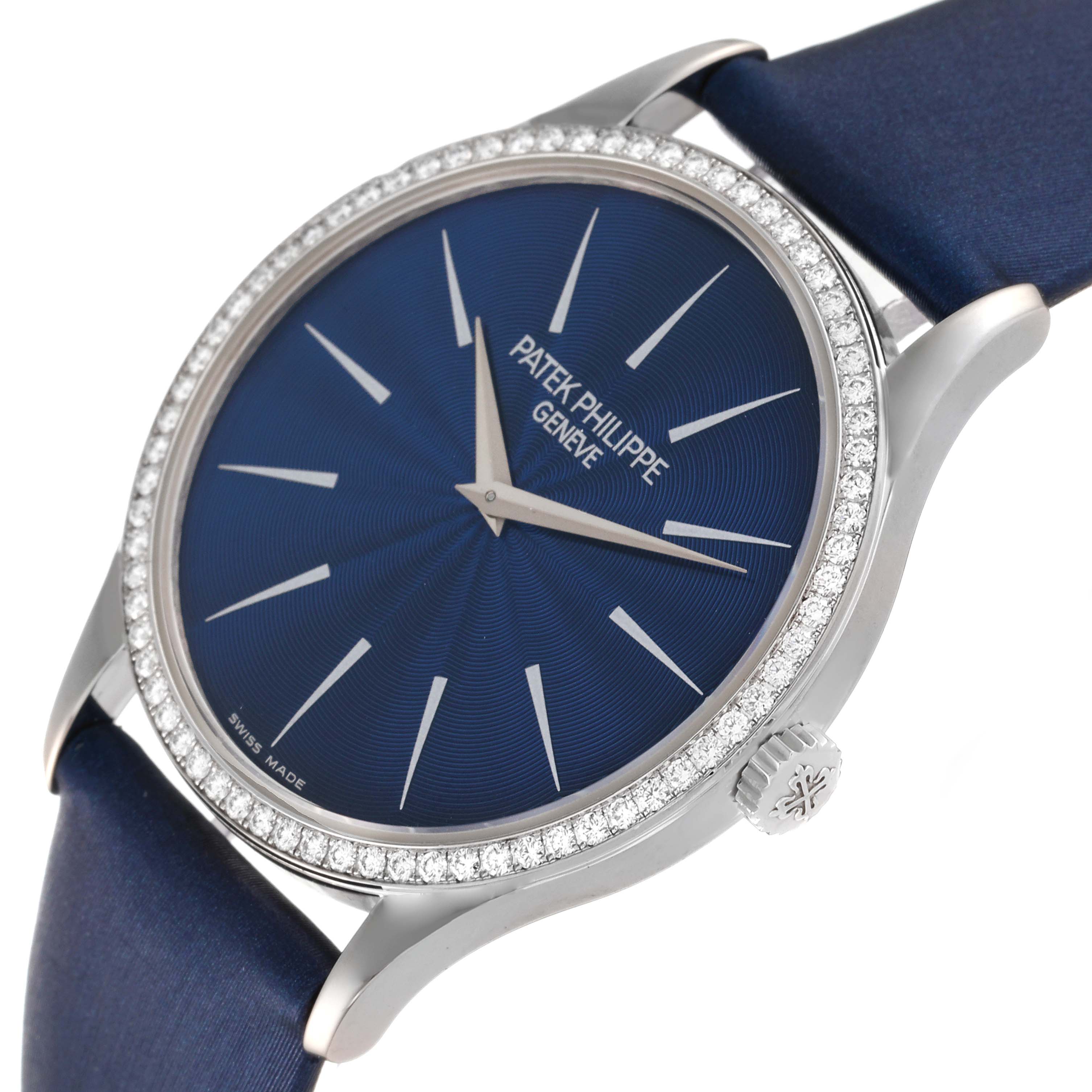 This image shows a Patek Philippe Calatrava 4896G Women's White Gold Blue Dial 4896G Women's White Gold Blue Dial watch at an angled close-up, highlighting the dial, bezel, case, and crown.