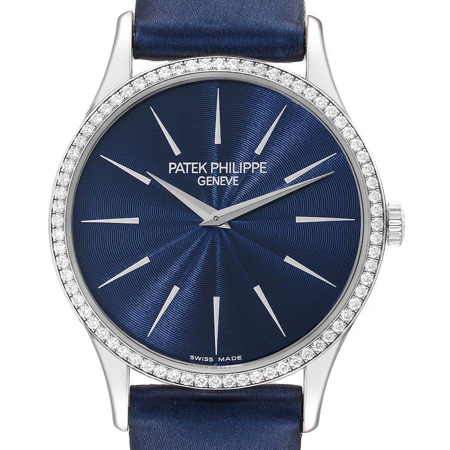 Patek Philippe Calatrava White Gold Blue Dial Diamond Ladies Watch 4896 Papers SwissWatchExpo