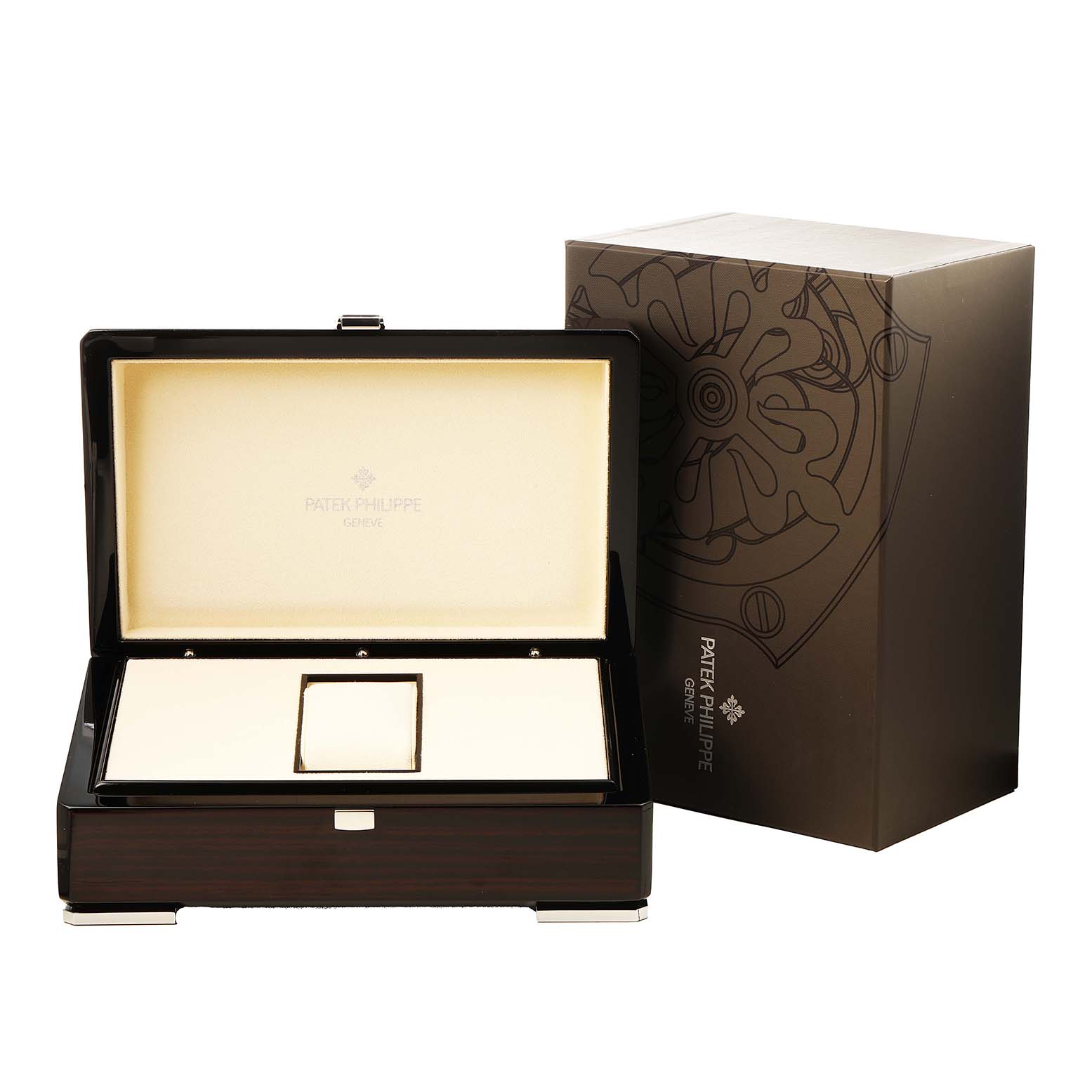The image shows a Patek Philippe Calatrava 5127G-001 Men's White Gold White Dial watch box, open and empty, viewed from the front with the outer packaging on the side.