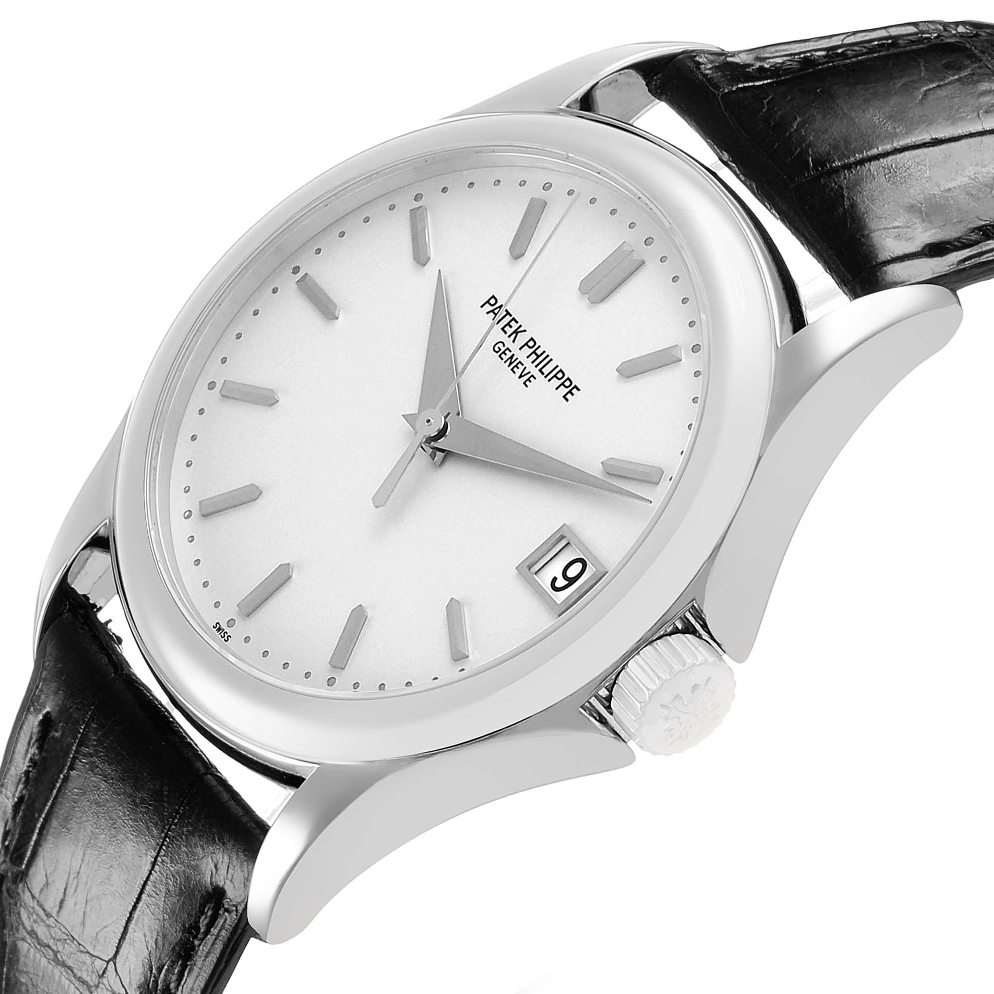 The image shows a side angle of a Patek Philippe Calatrava 5127G-001 Men's White Gold White Dial watch, highlighting the dial, crown, and leather strap.