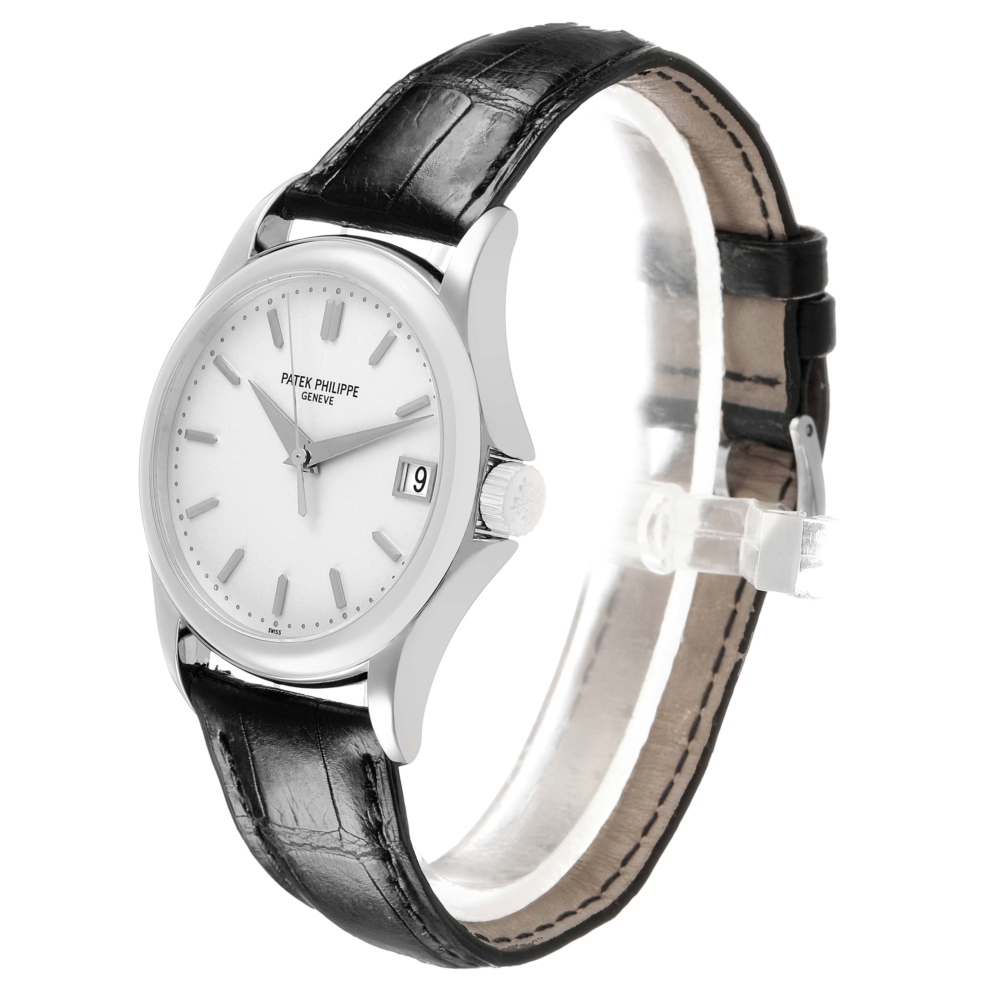 The Patek Philippe Calatrava 5127G-001 Men's White Gold White Dial watch is shown at a three-quarter angle, highlighting the face, bezel, crown, and leather strap.