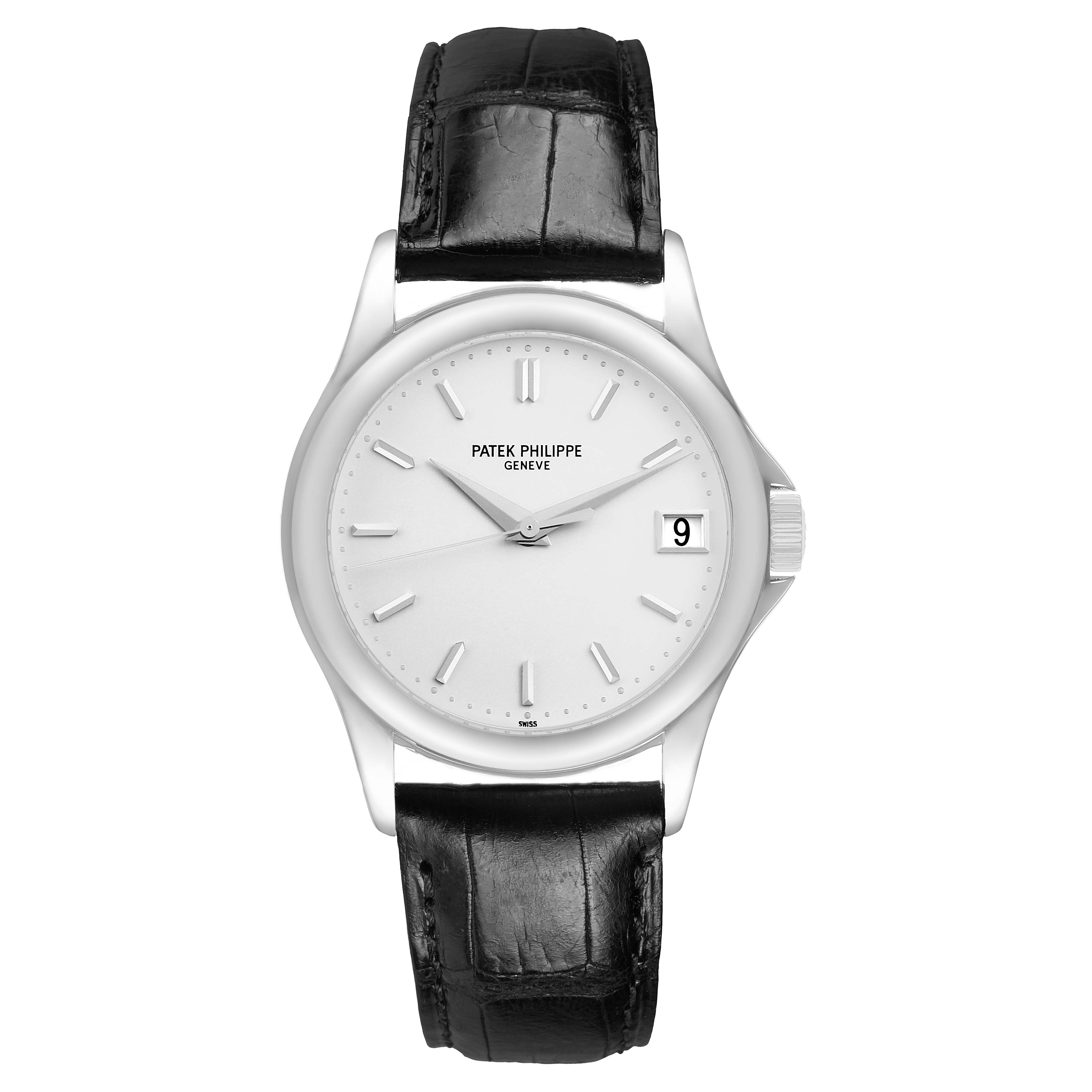 The Patek Philippe Calatrava 5127G-001 Men's White Gold White Dial watch is shown from a top-down angle, featuring its face, hands, date window, and leather strap.