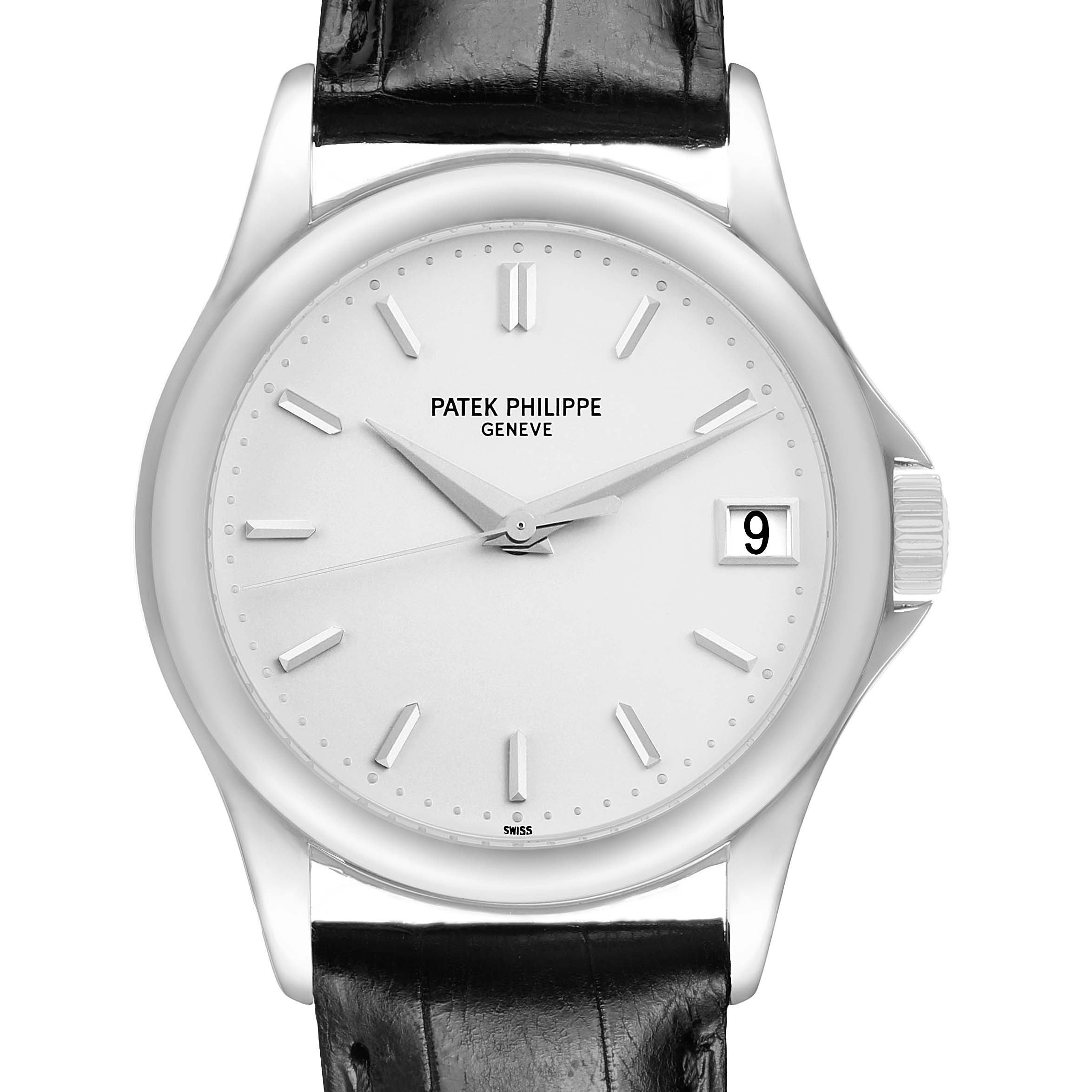 The Patek Philippe Calatrava 5127G-001 Men's White Gold White Dial is shown from the front, displaying the dial, hands, indices, date window, and black leather strap.