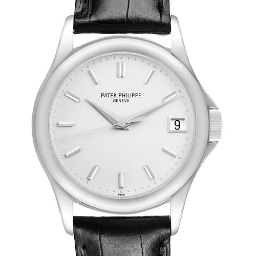 The Patek Philippe Calatrava 5127G-001 Men's White Gold White Dial watch is shown from the front, displaying the dial, hands, date window, and strap.