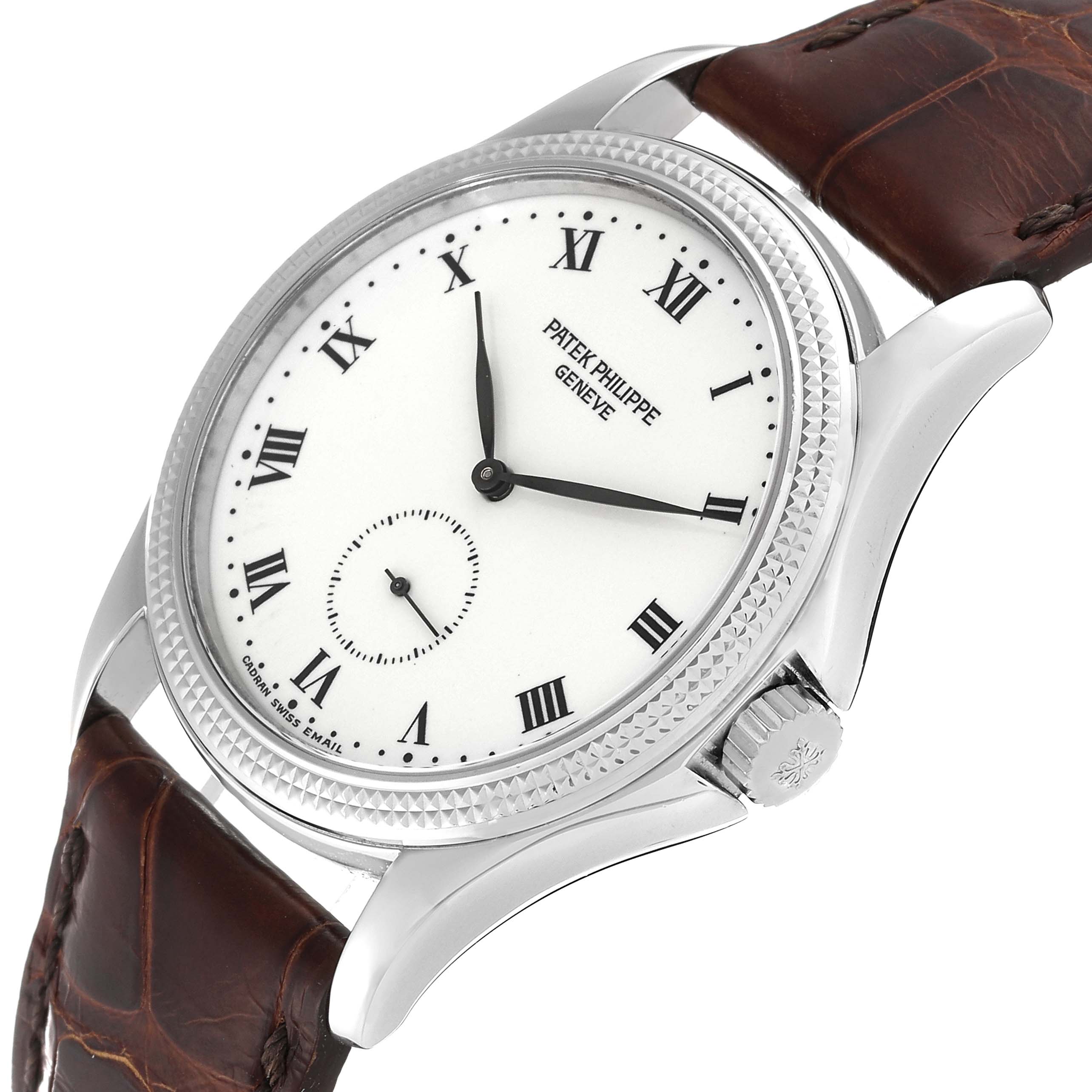 The image shows a Patek Philippe Calatrava 5115G Men's White Gold White Dial 5115G Men's White Gold White Dial watch in a slight side angle, highlighting the watch face, crown, and leather strap.