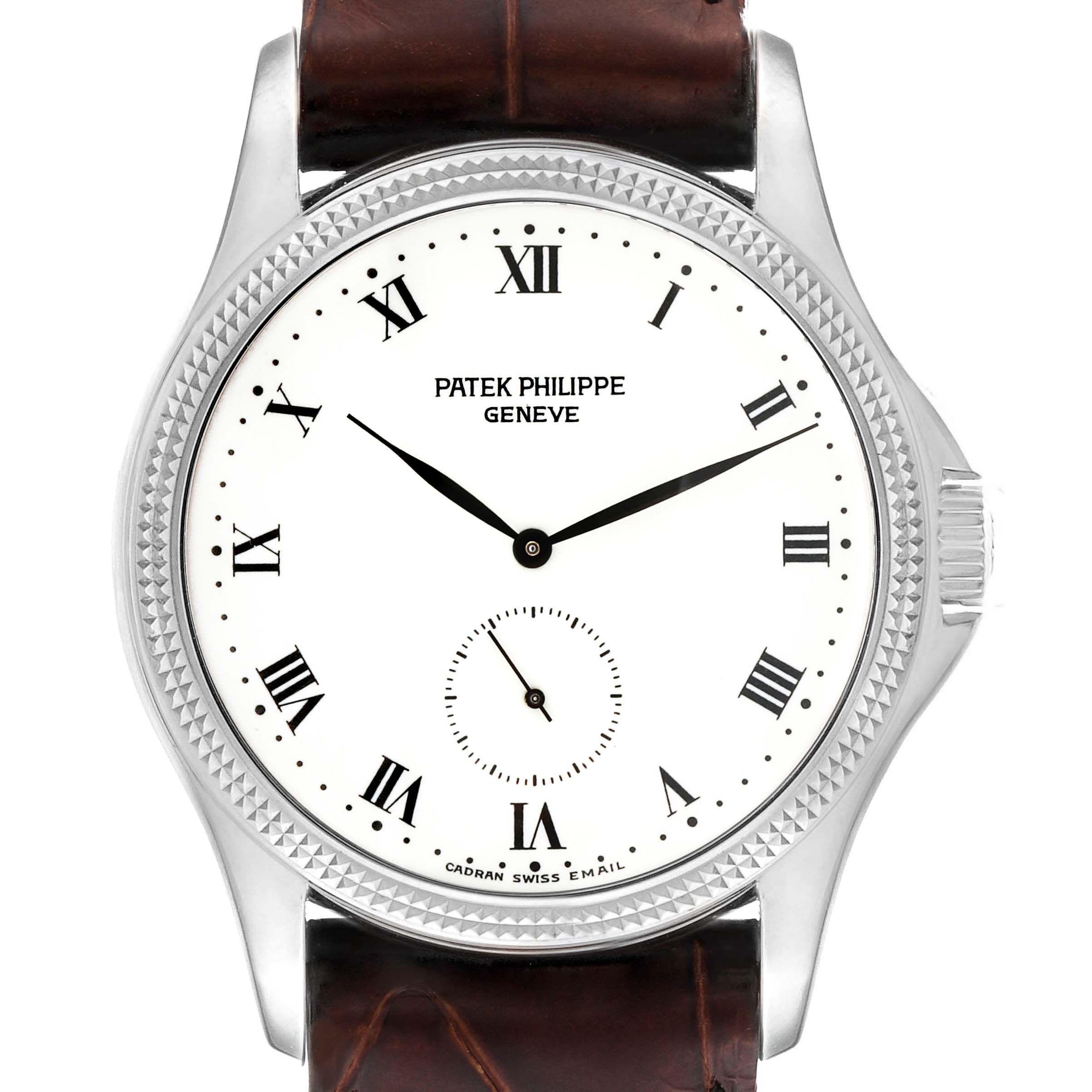 The image shows a front view of the Patek Philippe Calatrava 5115G Men's White Gold White Dial 5115G Men's White Gold White Dial watch, highlighting its face, leather strap, and crown.
