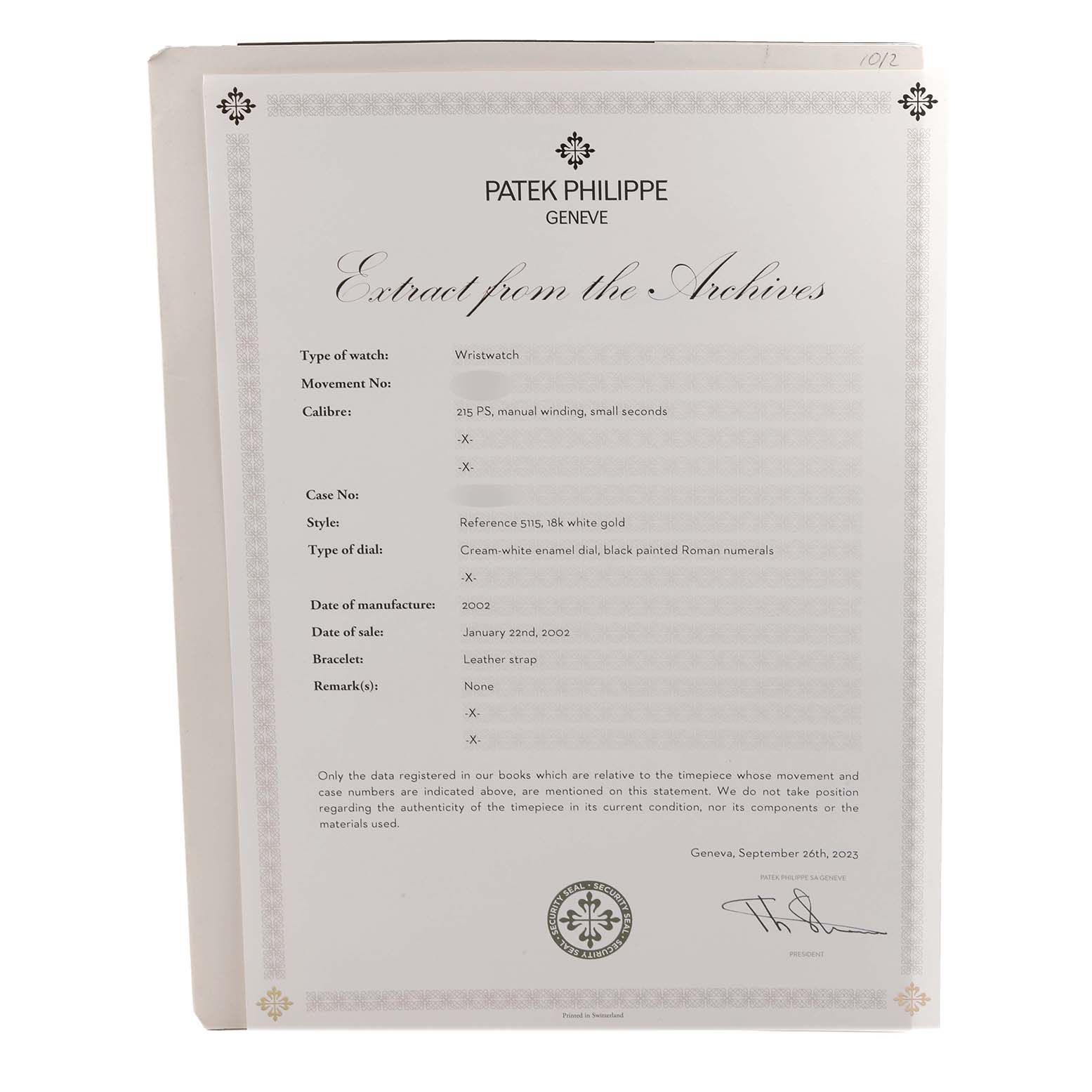 The image shows an "Extract from the Archives" document for a Patek Philippe Calatrava 5115G Men's White Gold White Dial 5115G Men's White Gold White Dial watch.