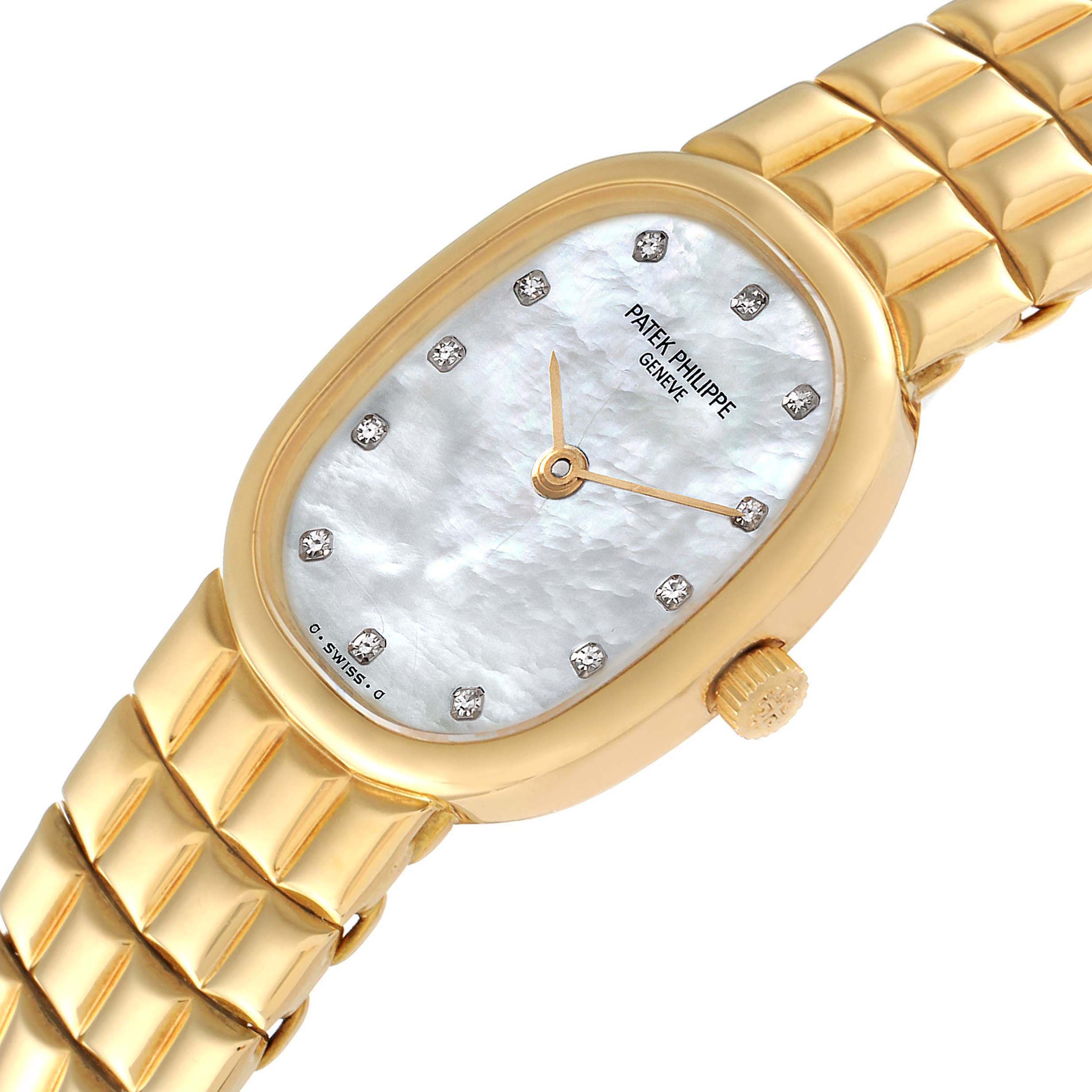 The image shows a top-down view of the Patek Philippe Golden Ellipse 4764 Women's Yellow Gold Mother of Pearl Dial 4764 Women's Yellow Gold Mother of Pearl Dial watch, highlighting the dial, hands, crown, and part of the bracelet.