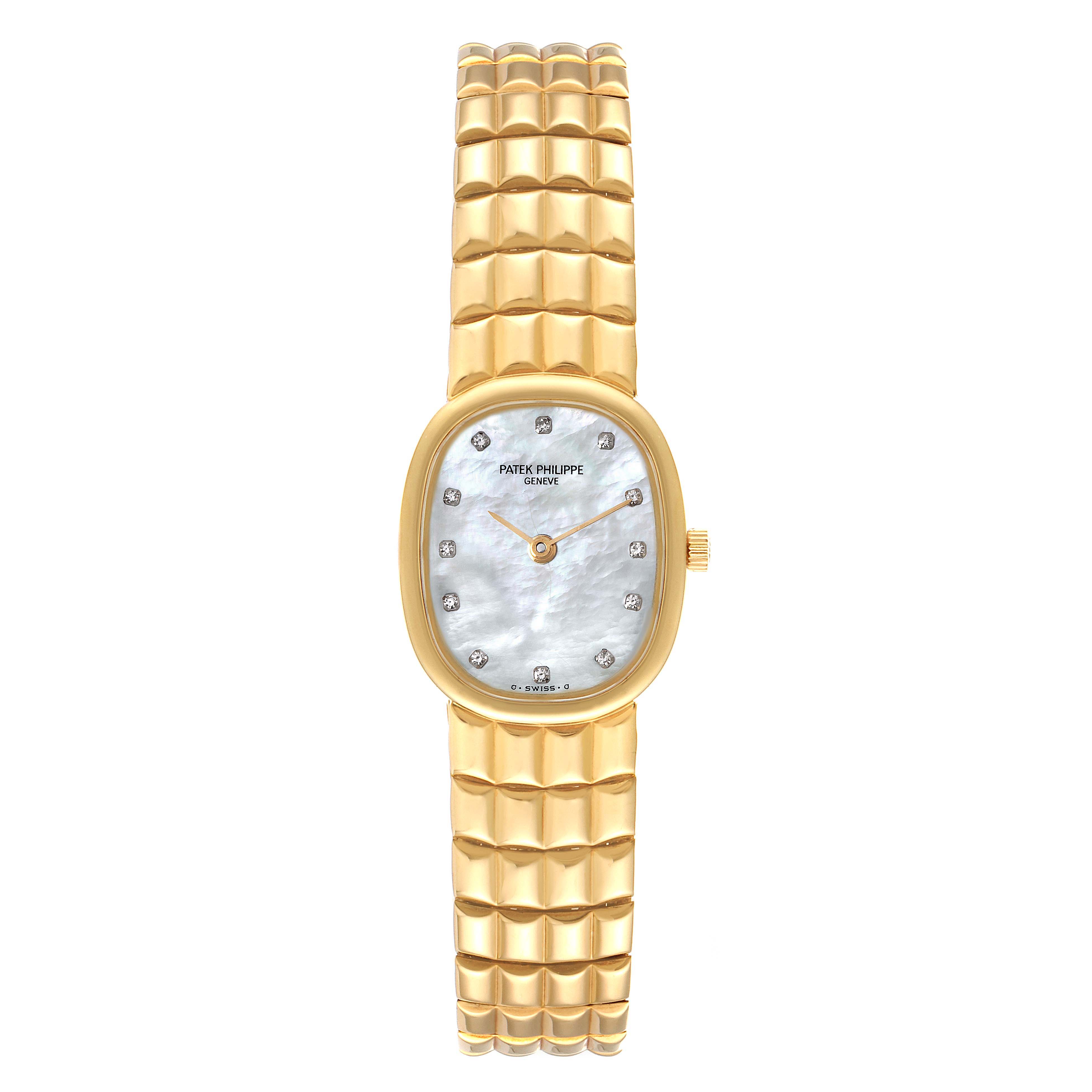The image shows a front view of the Patek Philippe Golden Ellipse 4764 Women's Yellow Gold Mother of Pearl Dial 4764 Women's Yellow Gold Mother of Pearl Dial watch, featuring its gold case, mother-of-pearl dial, and bracelet.