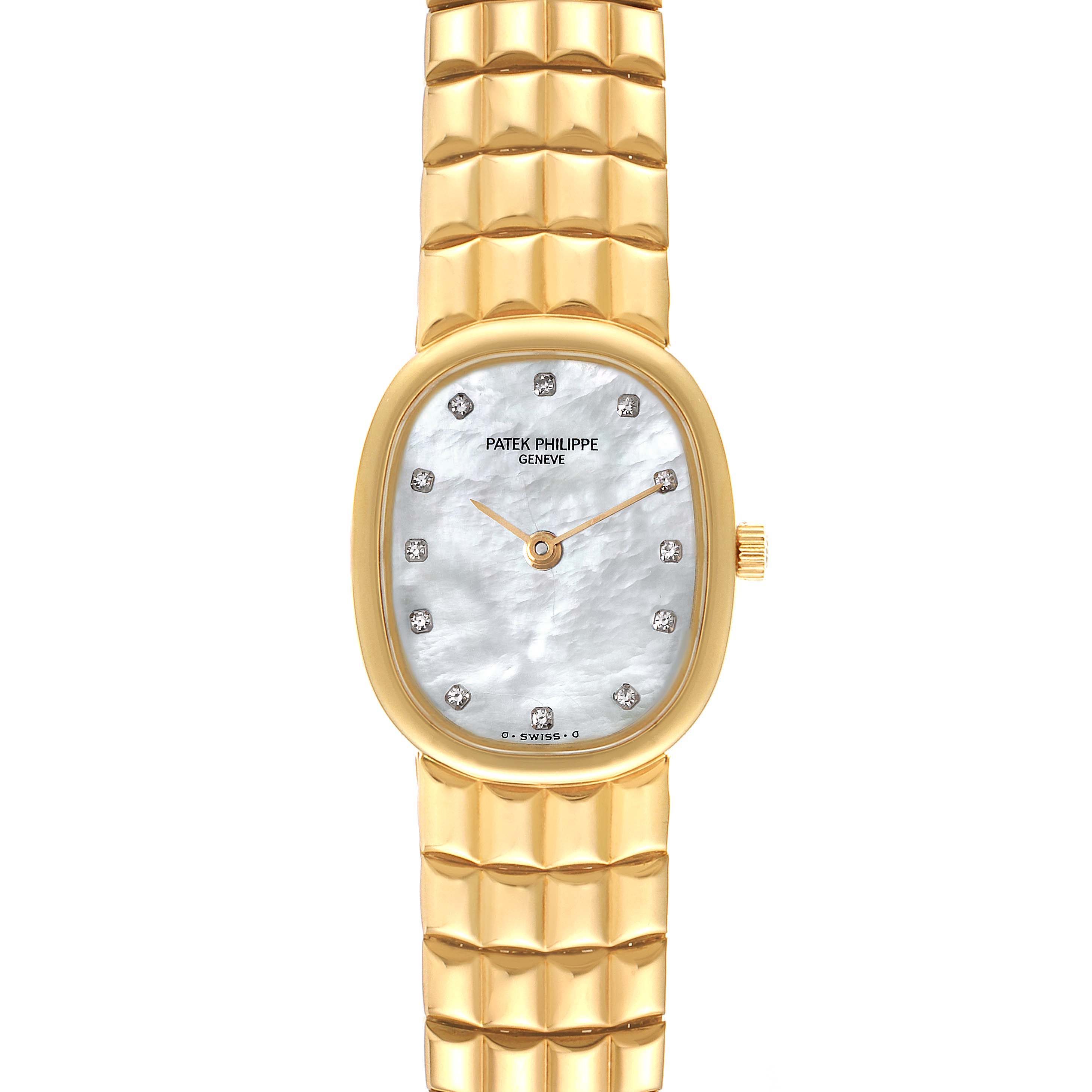 The image shows a frontal view of the Patek Philippe Golden Ellipse 4764 Women's Yellow Gold Mother of Pearl Dial 4764 Women's Yellow Gold Mother of Pearl Dial watch, detailing its rectangular gold case, white dial, and gold bracelet.