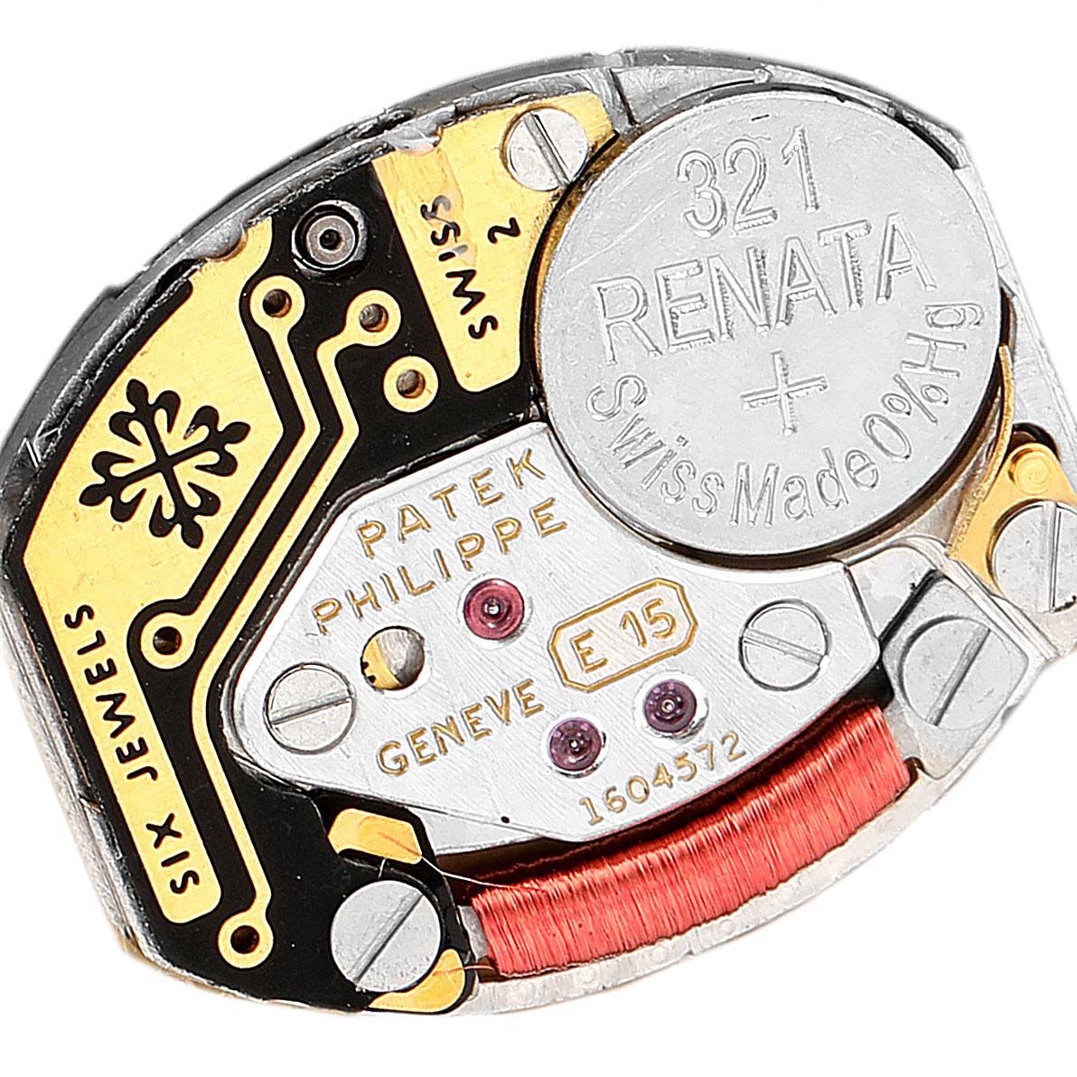 This image shows the inner mechanism and components of the Patek Philippe Golden Ellipse 4764 Women's Yellow Gold Mother of Pearl Dial 4764 Women's Yellow Gold Mother of Pearl Dial watch.