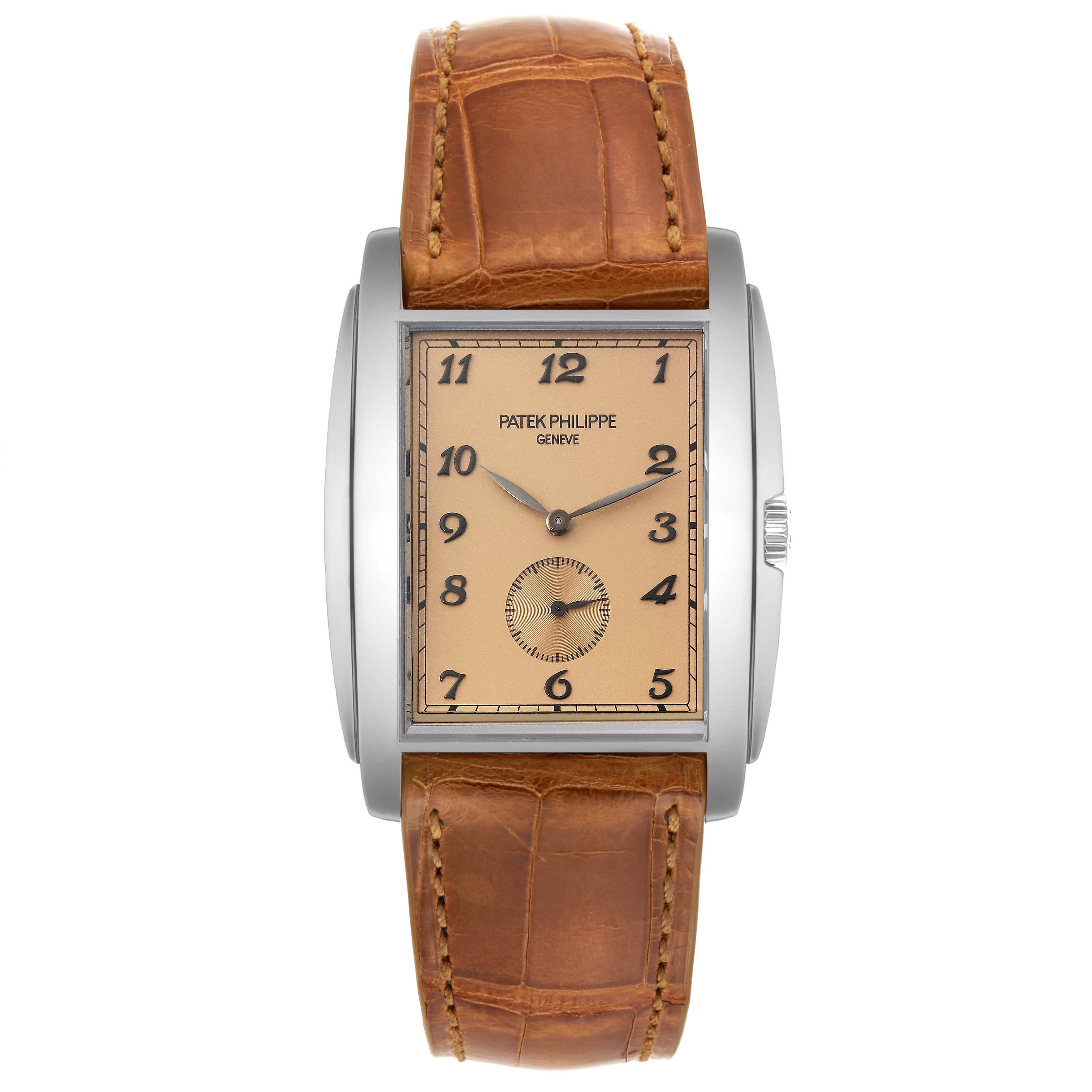 This image shows the Patek Philippe Gondolo 5124G-001 Men's White Gold Brown Dial 5124G-001 Men's White Gold Brown Dial watch from a front angle, highlighting its face and brown leather strap.