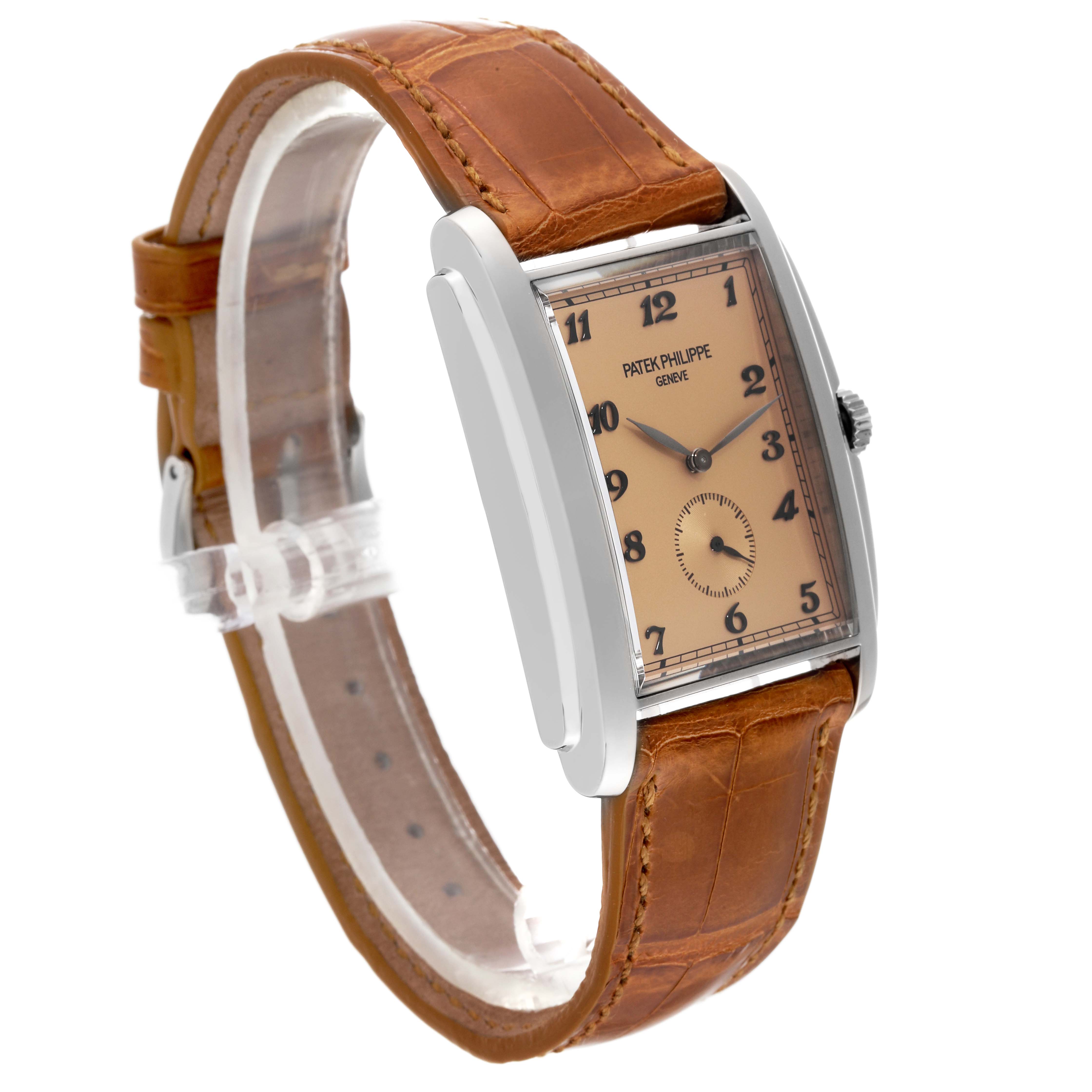 This image shows a Patek Philippe Gondolo 5124G-001 Men's White Gold Brown Dial 5124G-001 Men's White Gold Brown Dial watch at a three-quarter angle displaying its face, side, and brown leather strap.