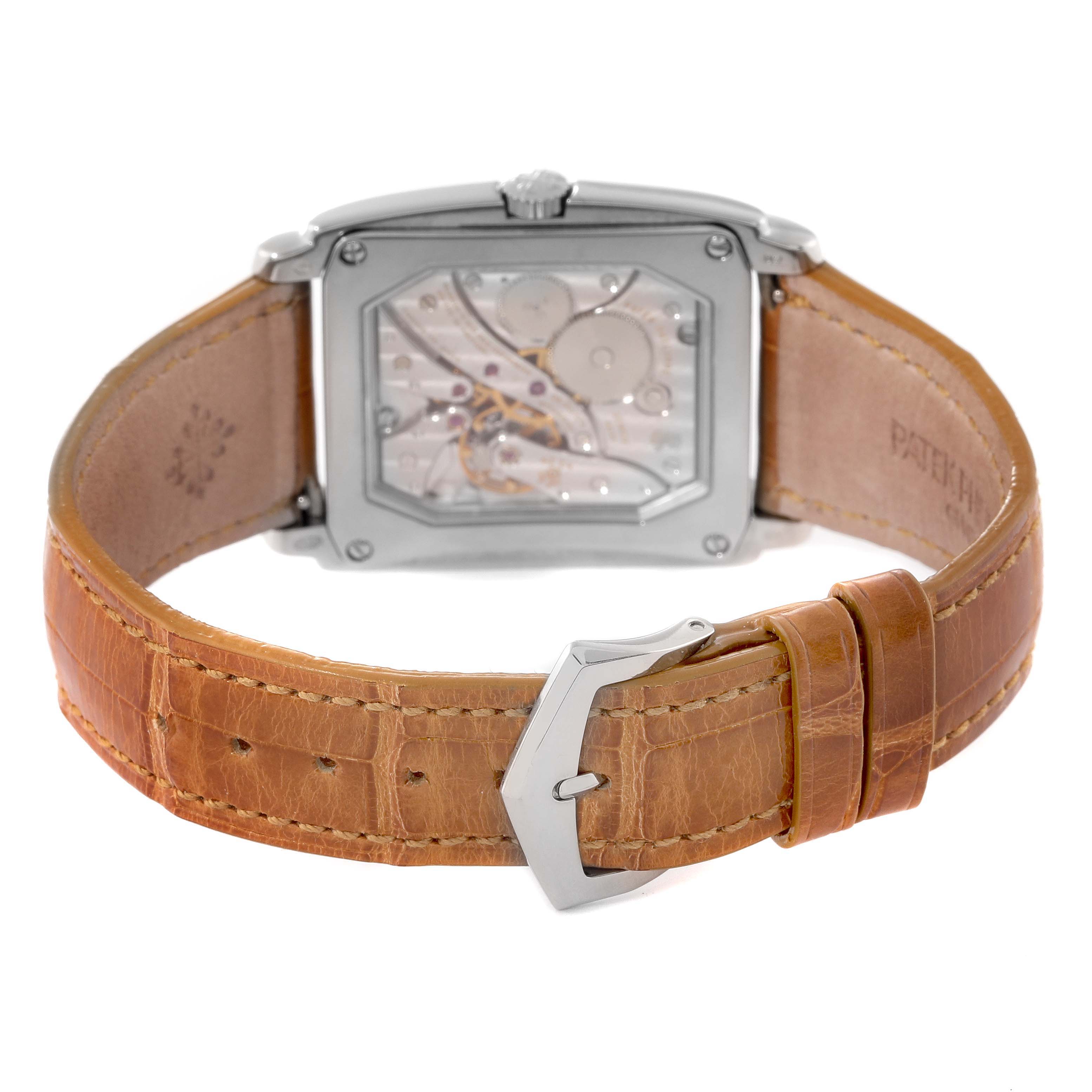 The image shows the back view of the Patek Philippe Gondolo 5124G-001 Men's White Gold Brown Dial 5124G-001 Men's White Gold Brown Dial watch, highlighting the strap and the movement.