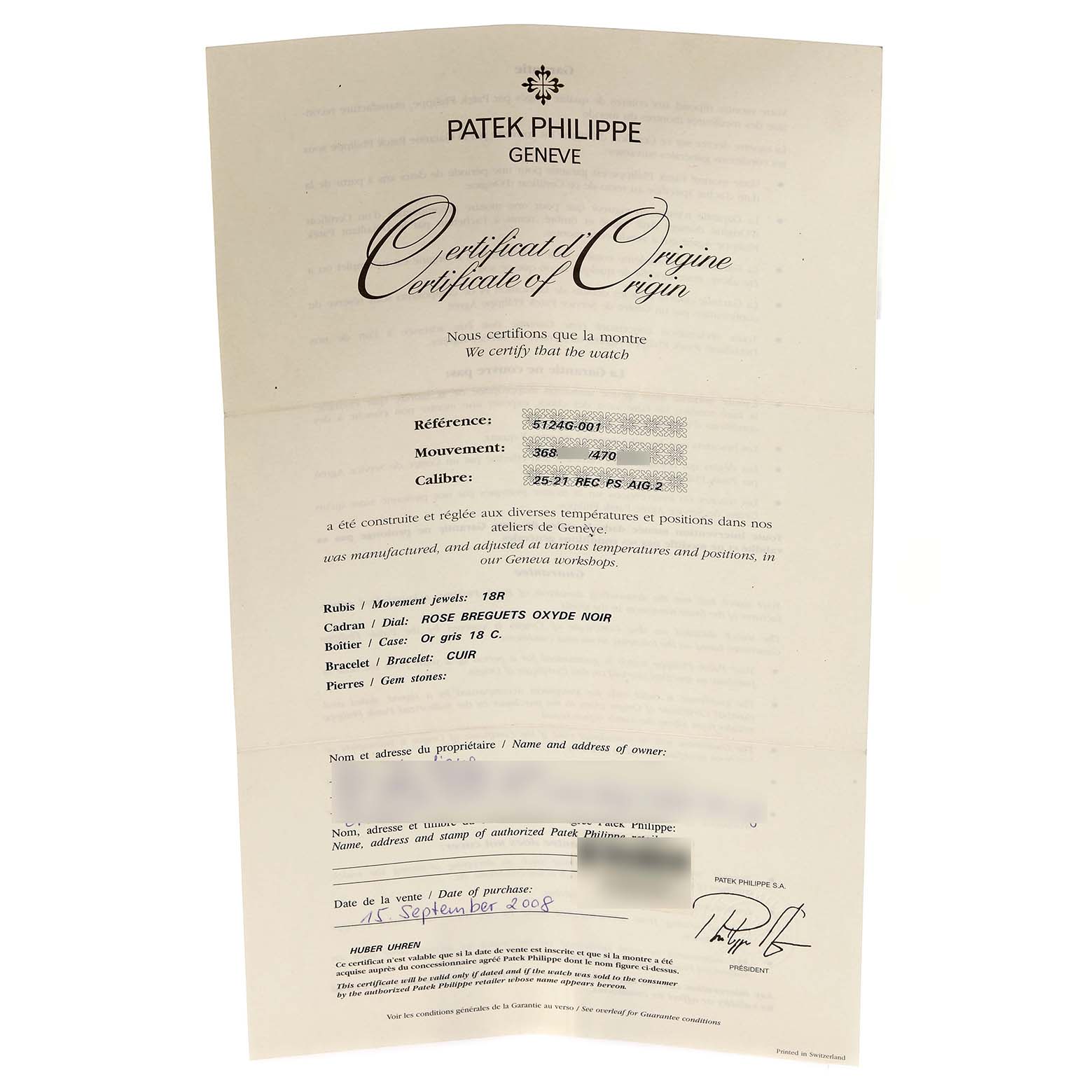 The image shows a Certificate of Origin for the Patek Philippe Gondolo 5124G-001 Men's White Gold Brown Dial 5124G-001 Men's White Gold Brown Dial model watch, detailing reference, movement, and purchase information.