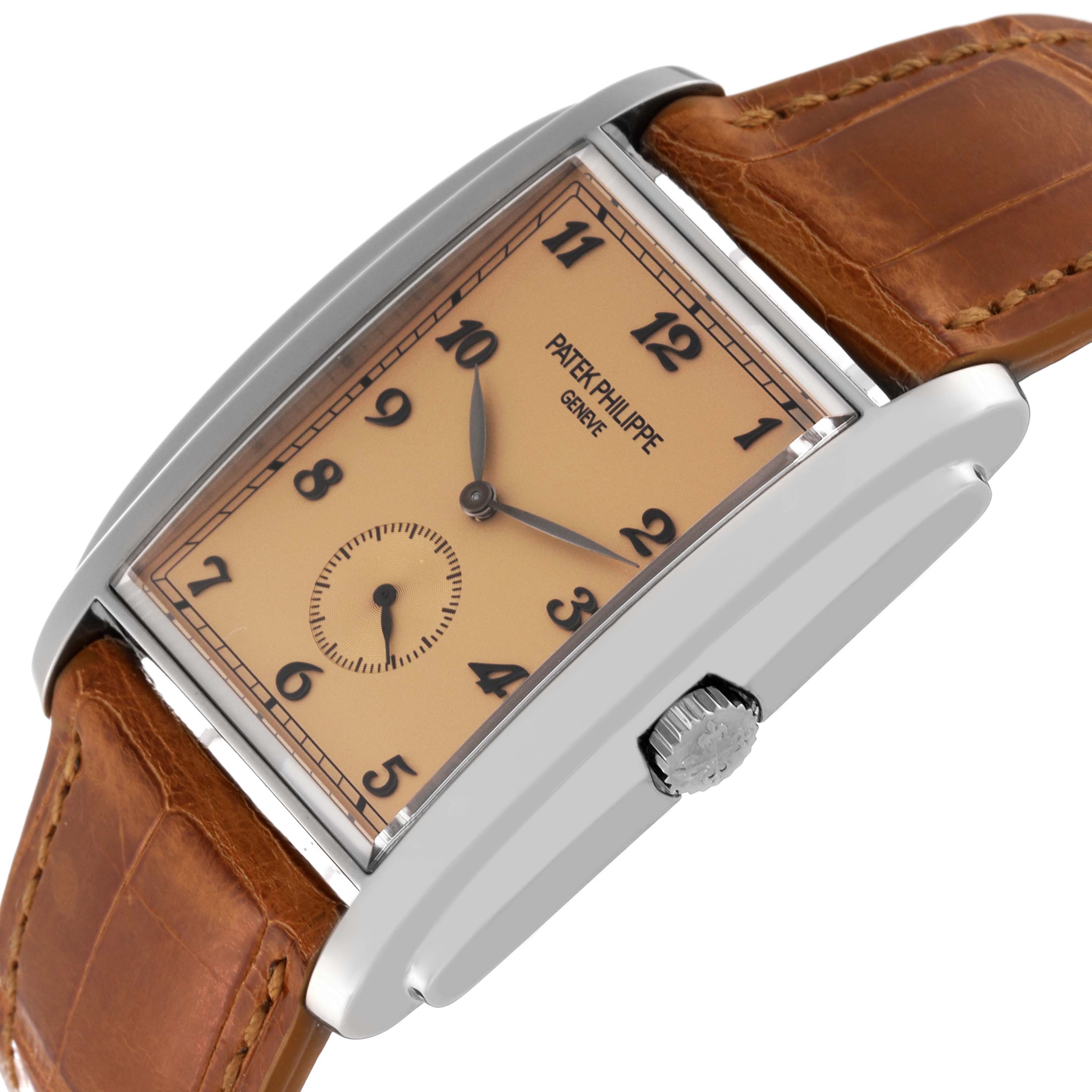 The Patek Philippe Gondolo 5124G-001 Men's White Gold Brown Dial 5124G-001 Men's White Gold Brown Dial watch is shown at an angle displaying the face, crown, and leather strap.