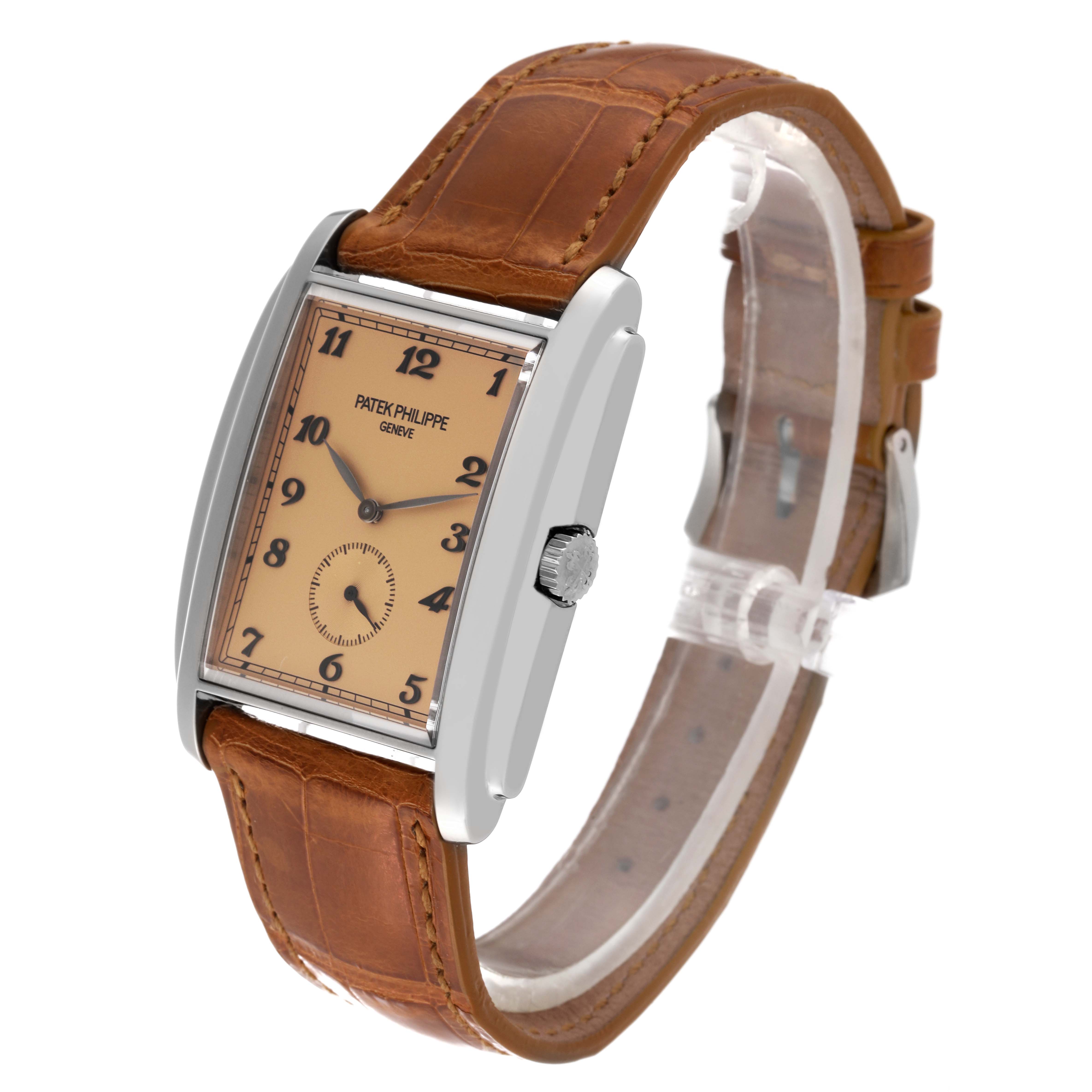 The image shows a Patek Philippe Gondolo 5124G-001 Men's White Gold Brown Dial 5124G-001 Men's White Gold Brown Dial watch at a three-quarter angle, highlighting the face, case, crown, and leather strap.