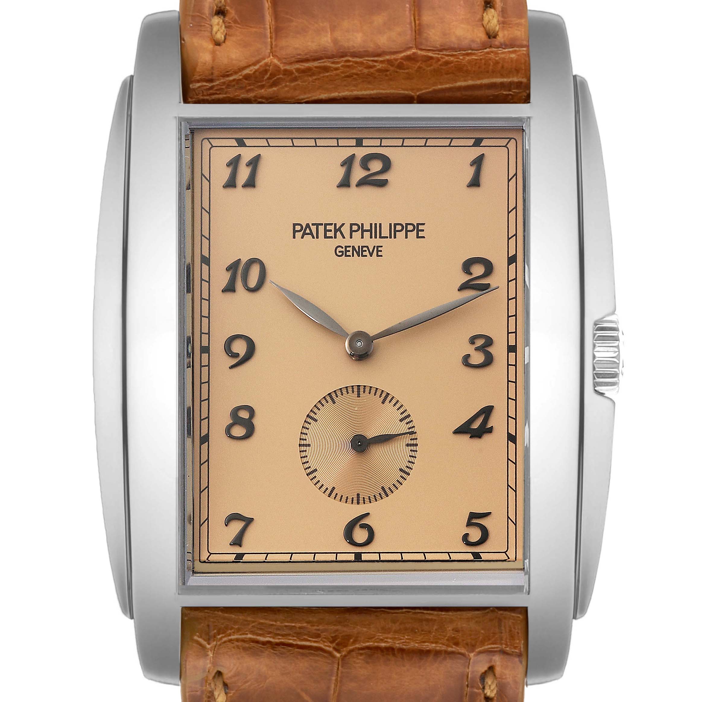 This image shows a frontal view of the Patek Philippe Gondolo 5124G-001 Men's White Gold Brown Dial 5124G-001 Men's White Gold Brown Dial watch, highlighting its rectangular dial and brown leather strap.