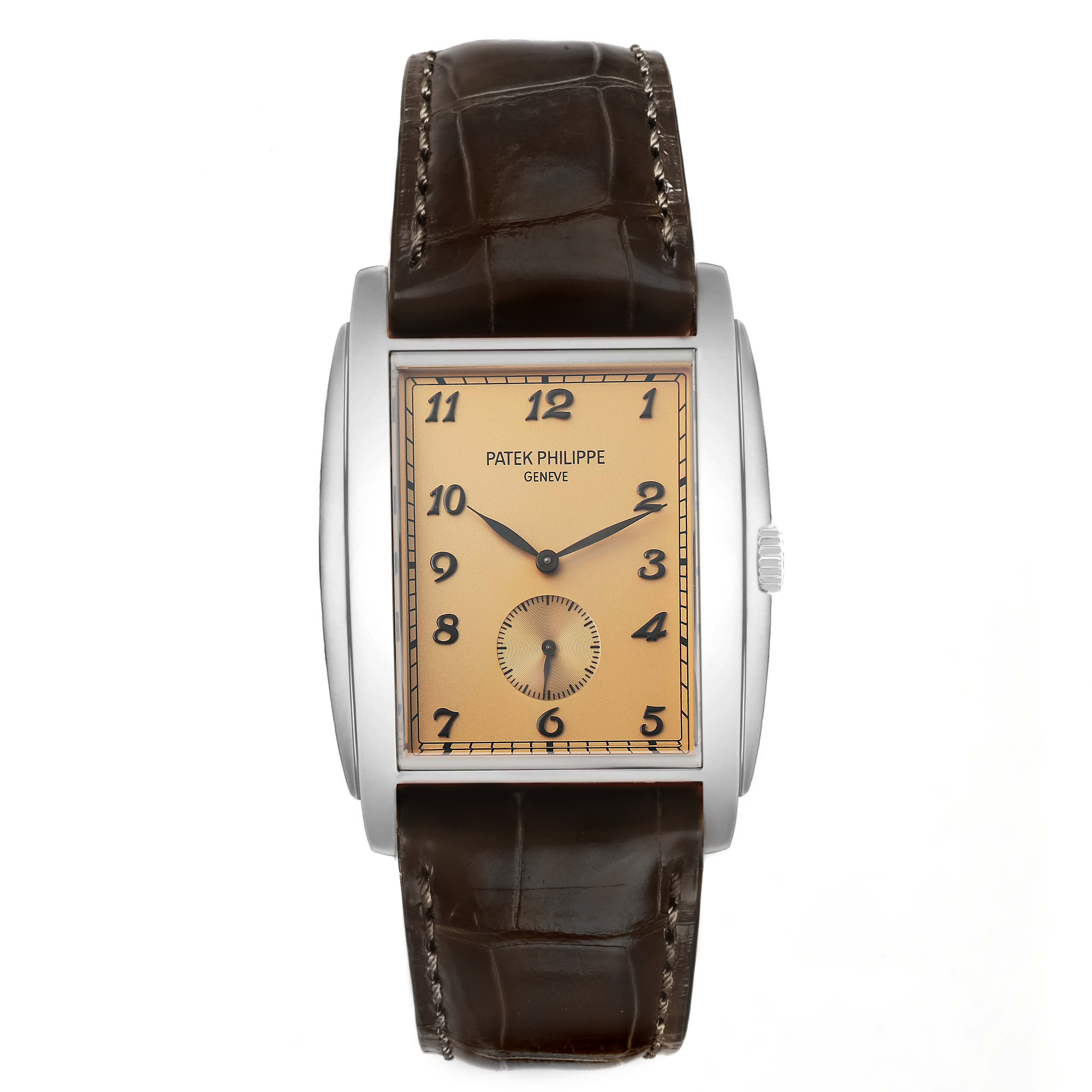 The Patek Philippe Gondolo 5124G-001 Men's White Gold Red Dial watch is shown from a top view, displaying its rectangular dial, casing, and leather strap.