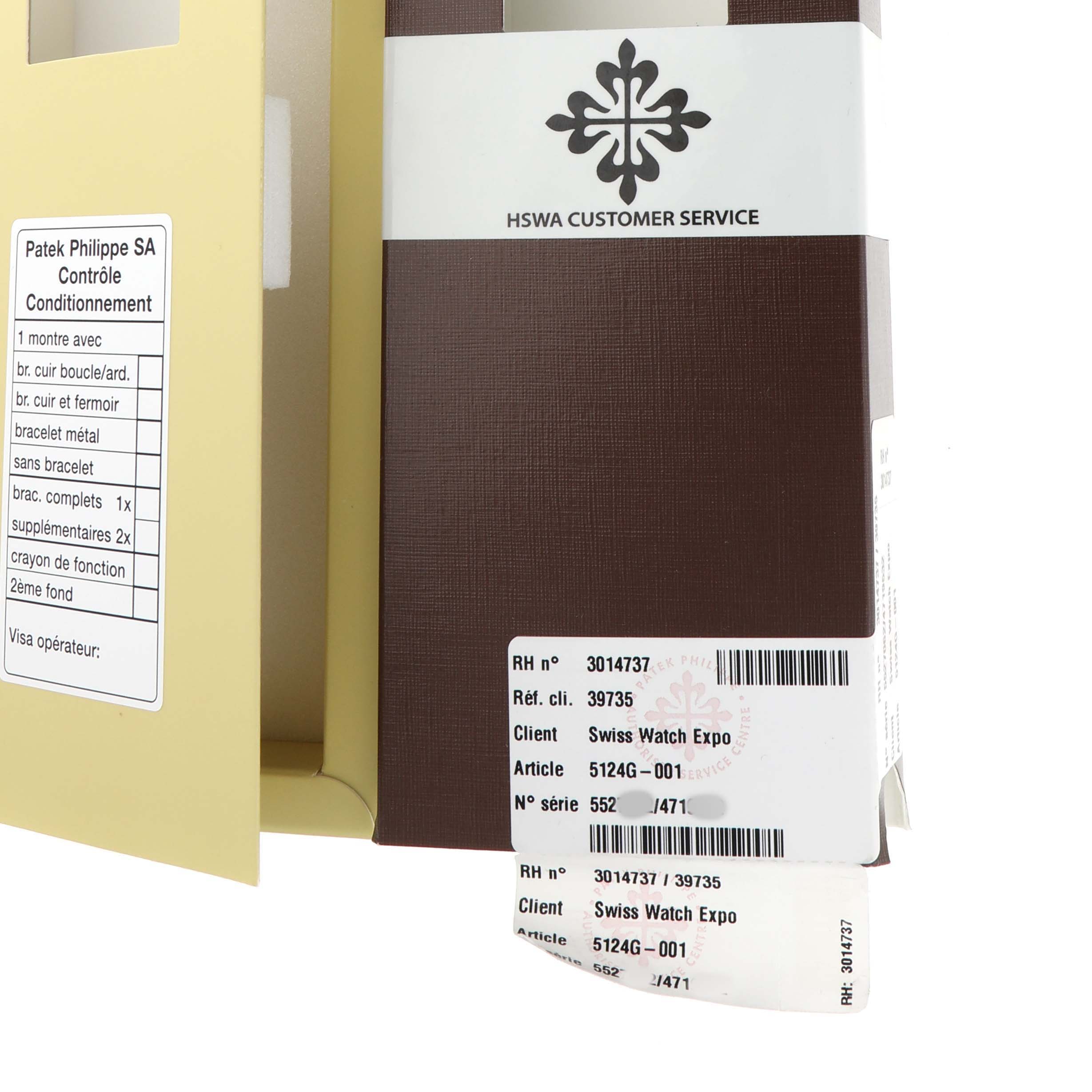 The image shows packaging materials with labels for a Patek Philippe Gondolo 5124G-001 Men's White Gold Red Dial watch.