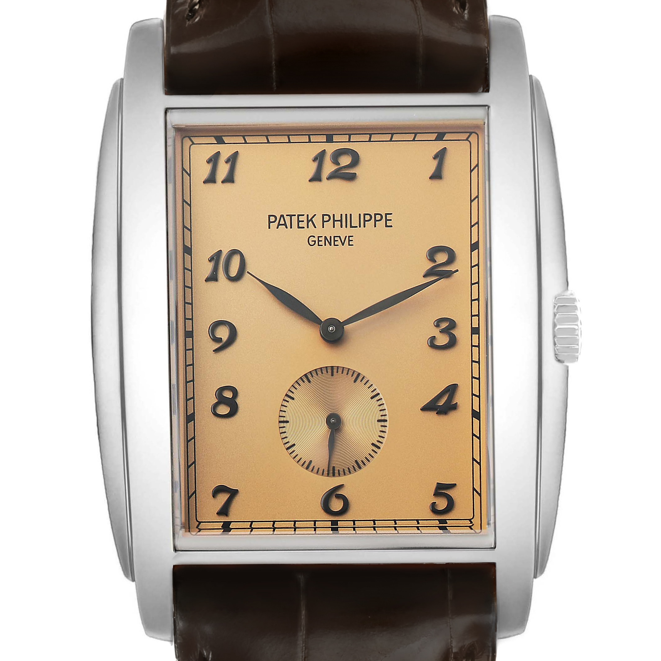 This image shows a front view of a Patek Philippe Gondolo 5124G-001 Men's White Gold Red Dial watch, highlighting its dial and case.