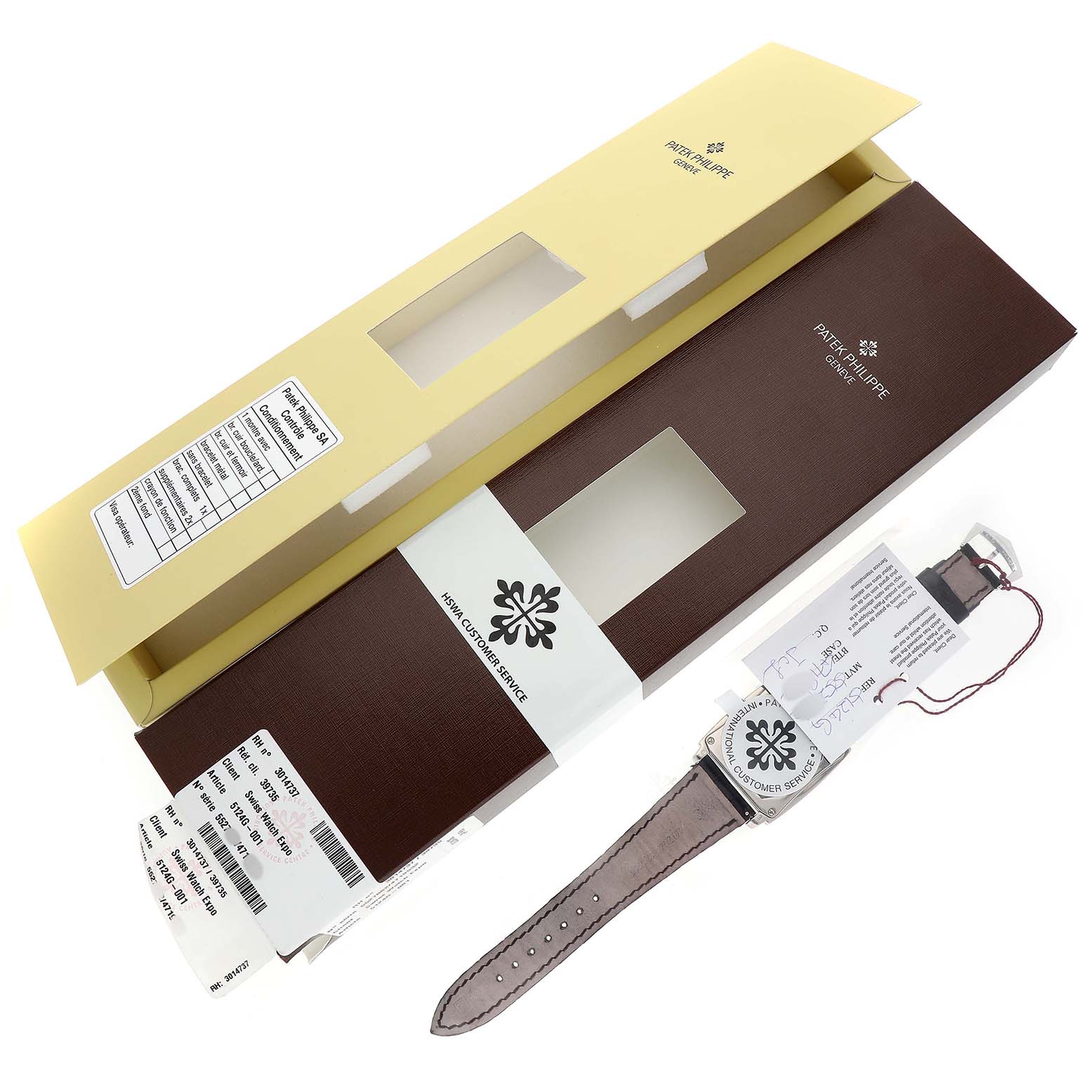 The image shows a Patek Philippe Gondolo 5124G-001 Men's White Gold Red Dial watch with its packaging and tags, viewed from above.