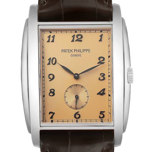 The image shows a front view of the Patek Philippe Gondolo 5124G-001 Men's White Gold Red Dial watch, focusing on the dial, hands, and crown.