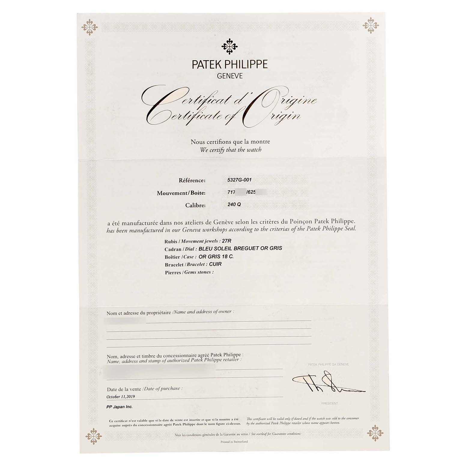 The image shows a certificate for a Patek Philippe Complications 5327G Men's White Gold Blue Dial model, providing details like reference, movement, and materials.