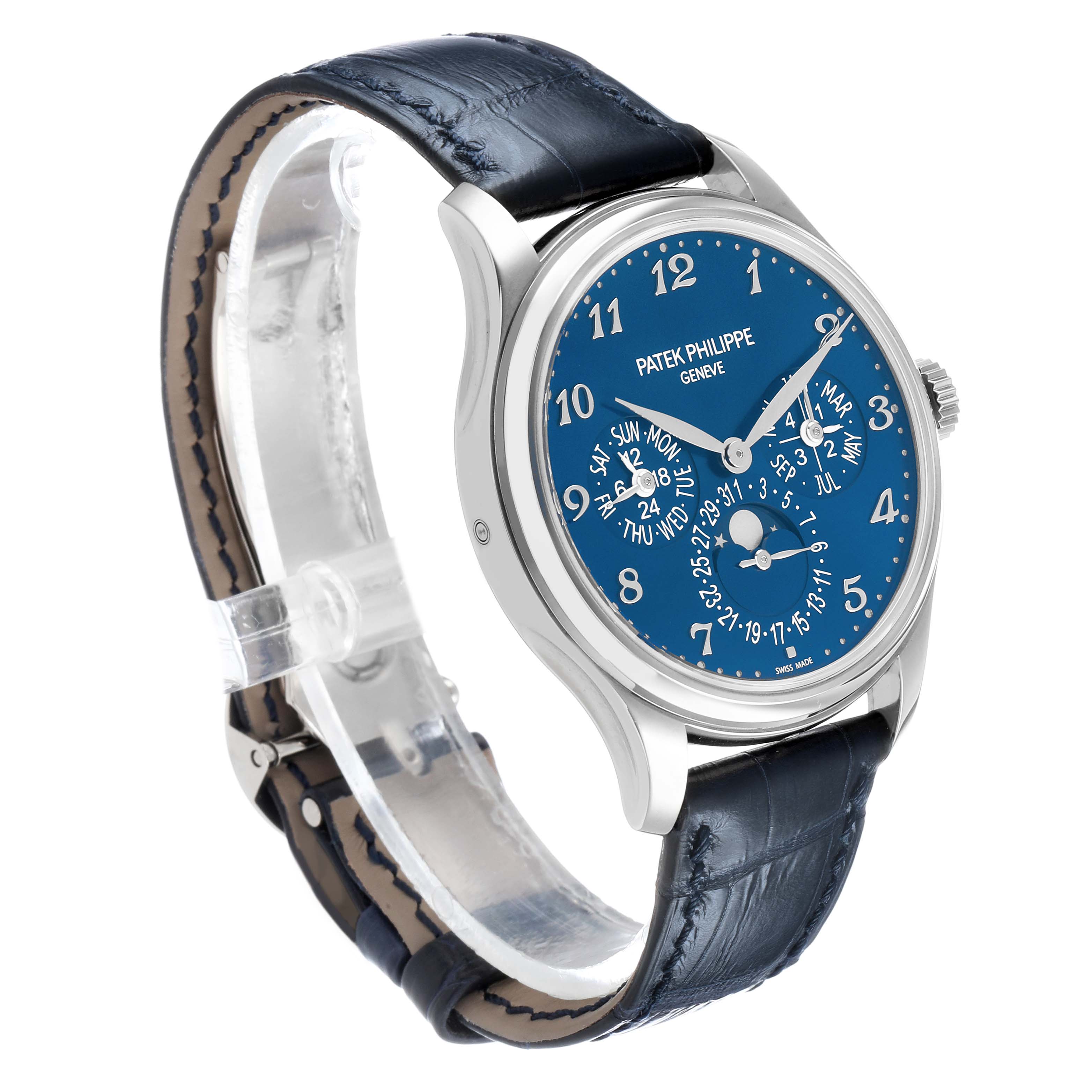 The Patek Philippe Complications 5327G Men's White Gold Blue Dial watch is shown at an angle highlighting the dial, strap, and side profile.