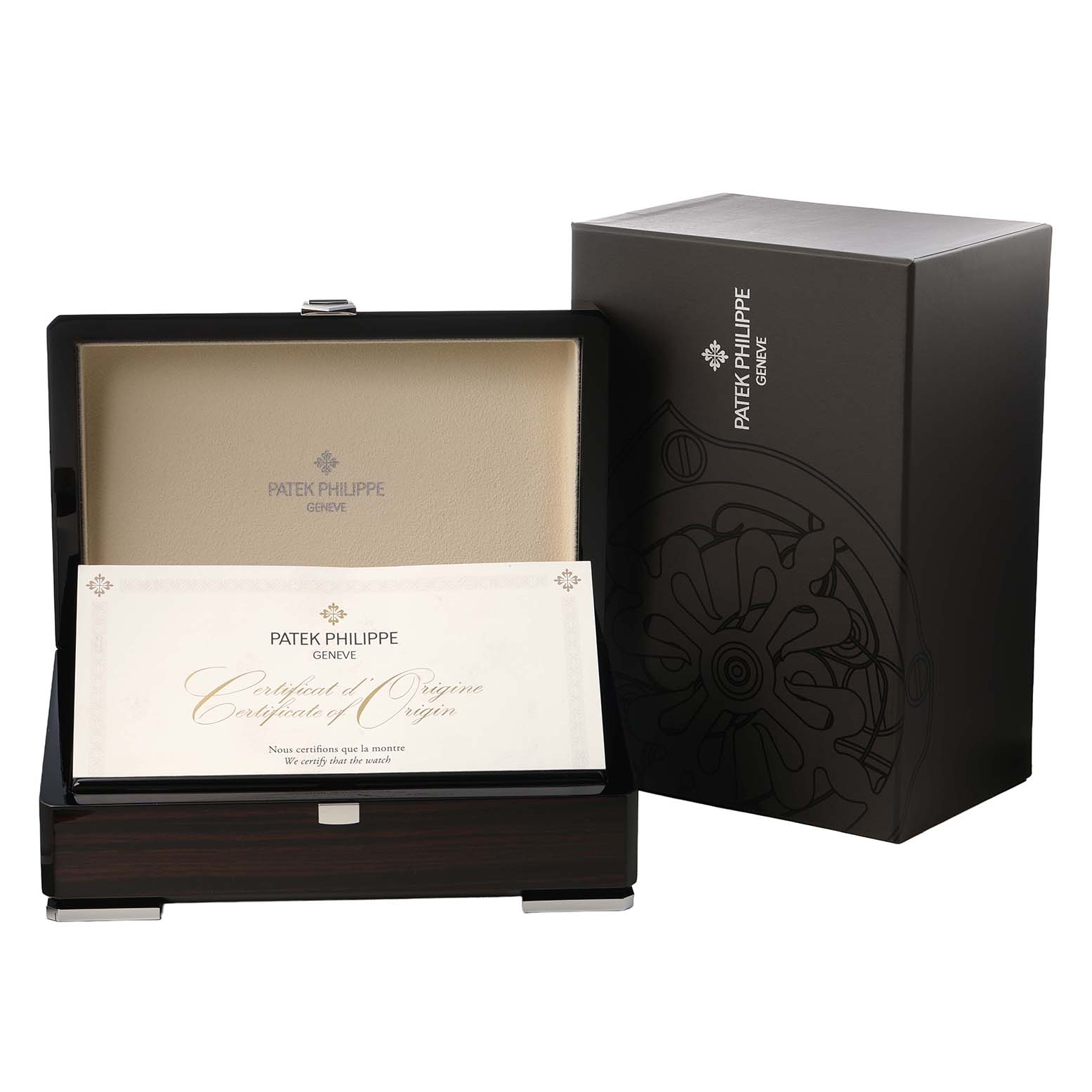 The image shows the packaging and Certificate of Origin for a Patek Philippe Complications 5327G Men's White Gold Blue Dial watch.