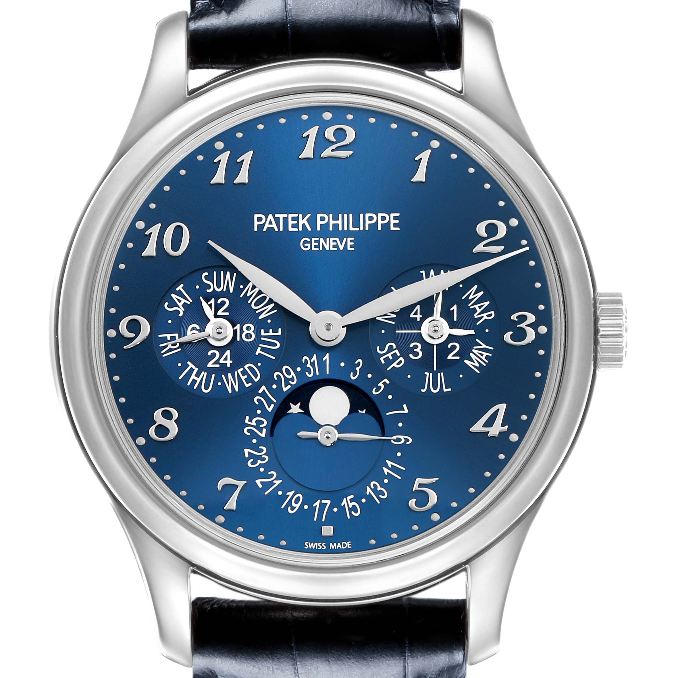 The Patek Philippe Complications 5327G Men's White Gold Blue Dial watch is shown front-facing, highlighting its blue dial with calendar and moon phase features.