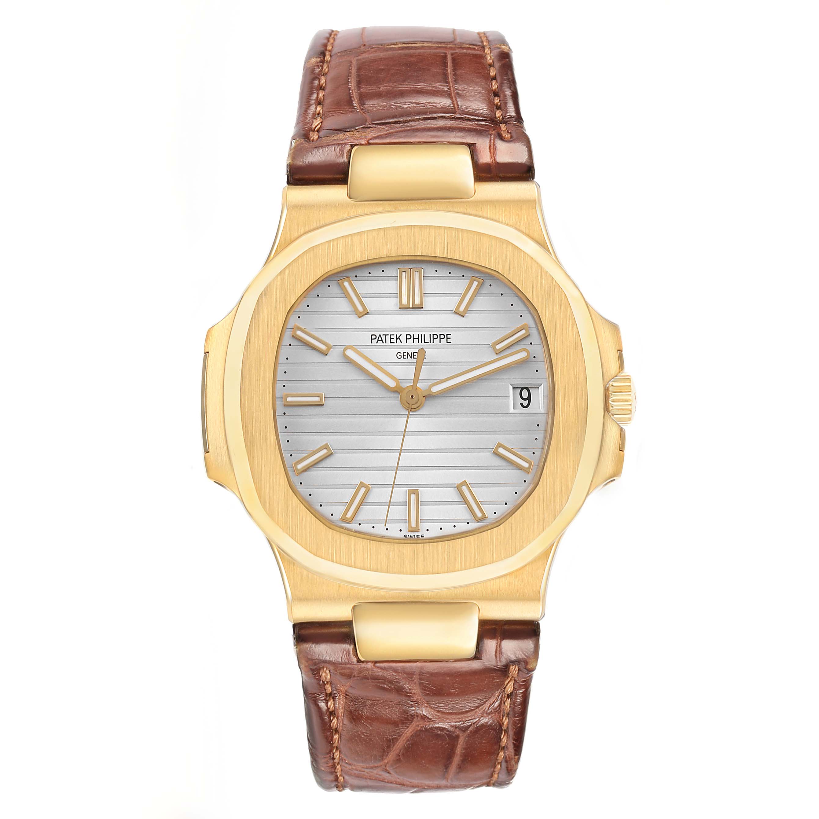 The image shows a front view of a Patek Philippe Nautilus 5711J Men's Yellow Gold Silver Dial watch, displaying its dial, hands, case, and brown leather strap.