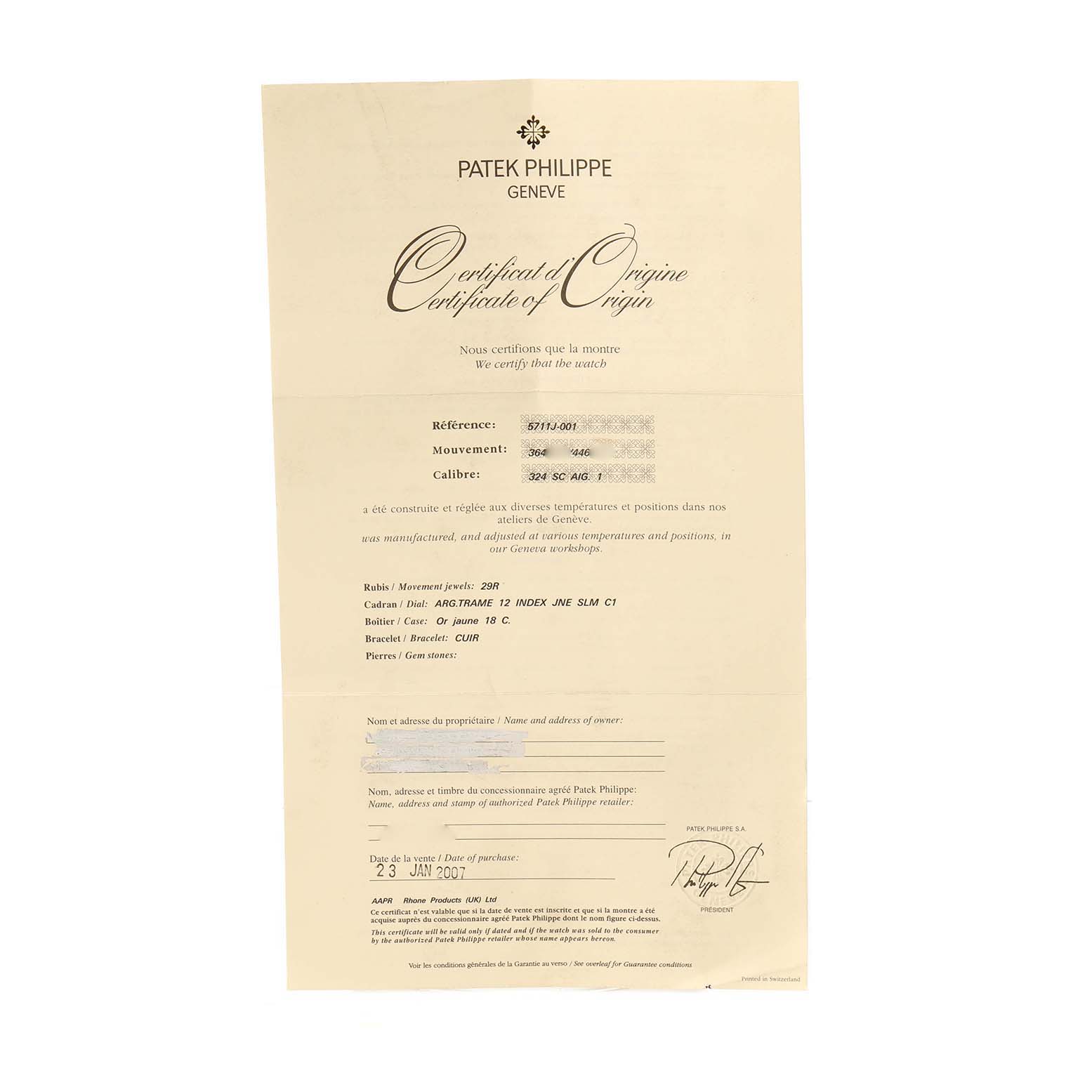 The image shows a Certificate of Origin for a Patek Philippe Nautilus 5711J Men's Yellow Gold Silver Dial watch.