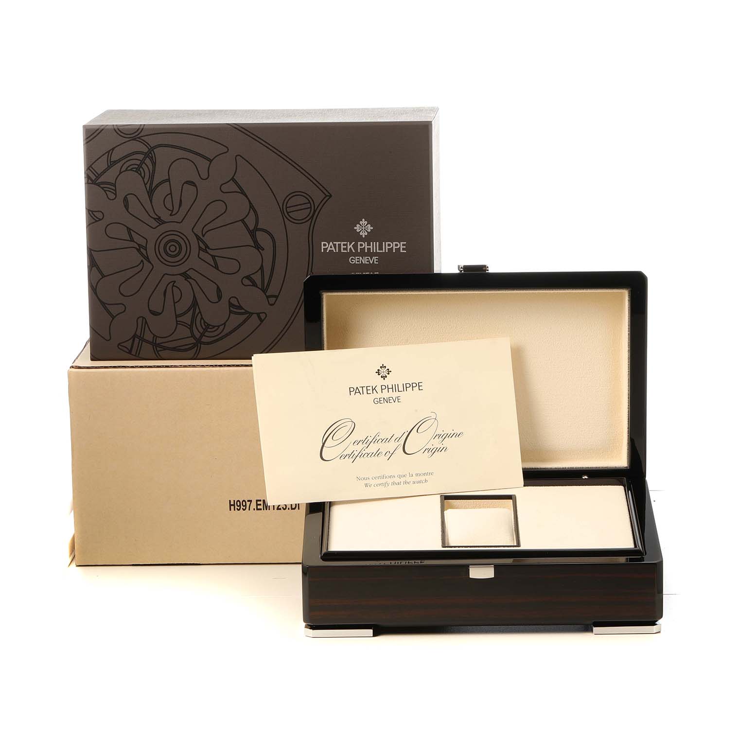 The image shows a Patek Philippe Nautilus 5711J Men's Yellow Gold Silver Dial watch box with a certificate of origin and packaging, viewed from the front.