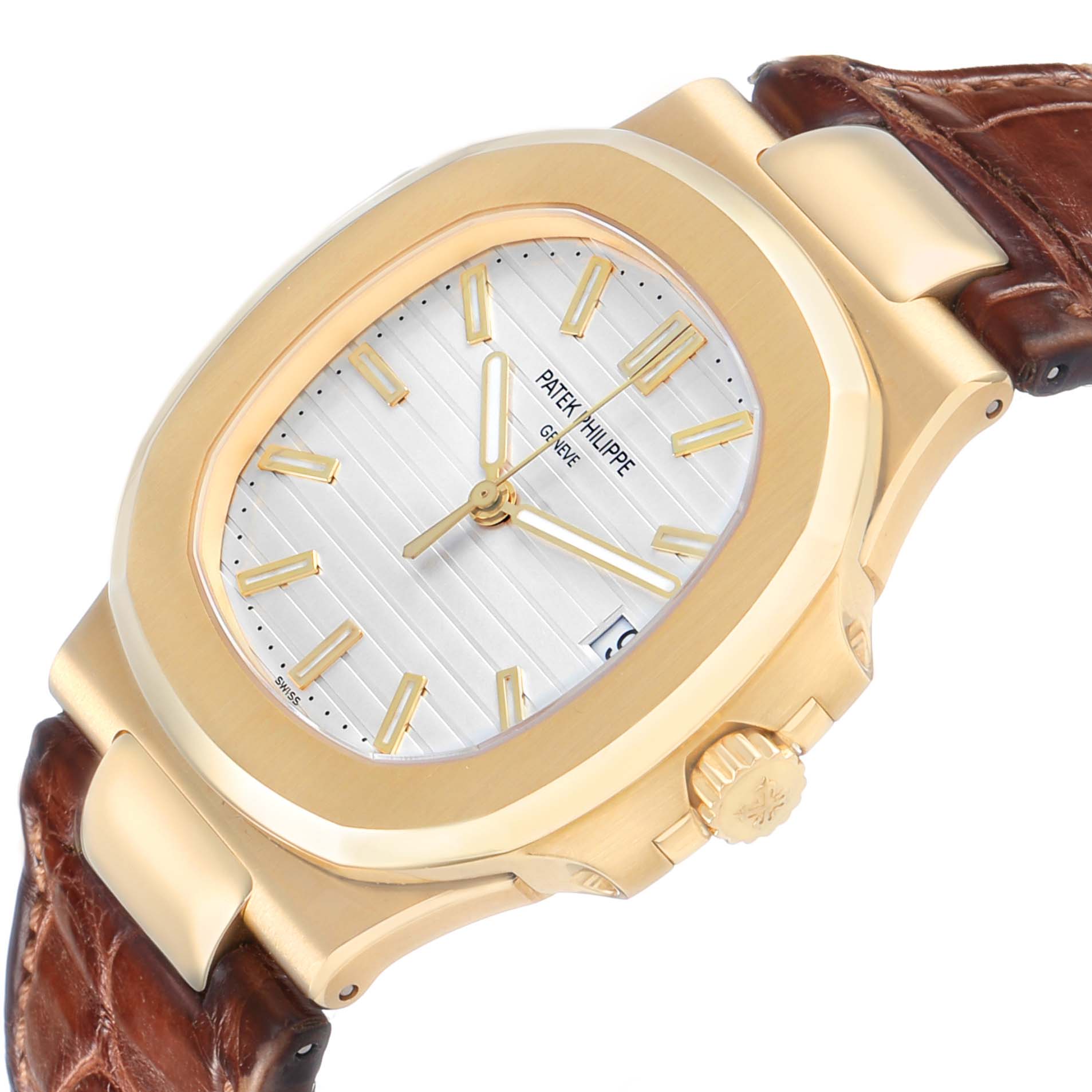 The watch, a Patek Philippe Nautilus 5711J Men's Yellow Gold Silver Dial model, is shown from a three-quarter angle highlighting the face, crown, and leather strap.