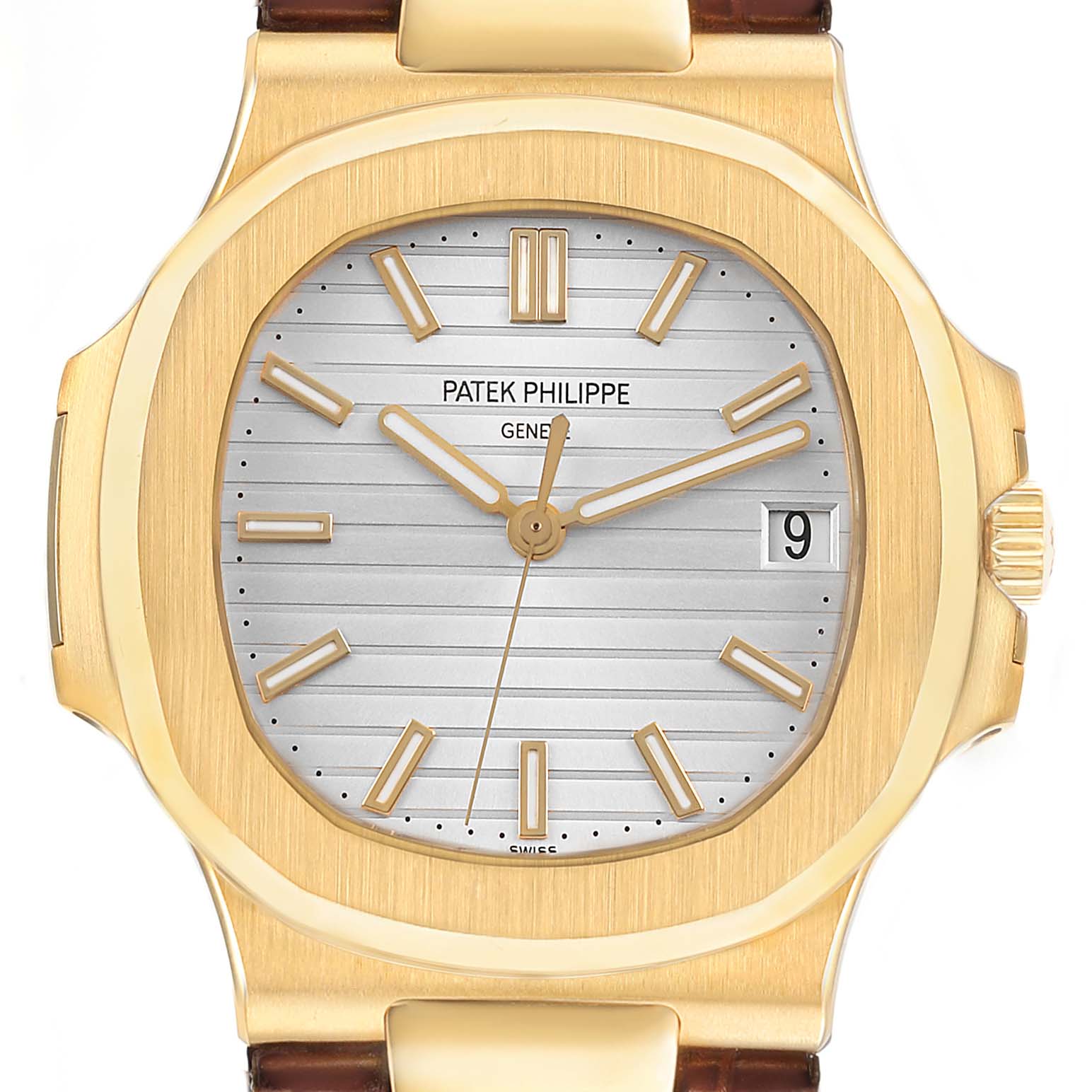 The image shows a front view of the Patek Philippe Nautilus 5711J Men's Yellow Gold Silver Dial watch, highlighting its dial, bezel, and crown.