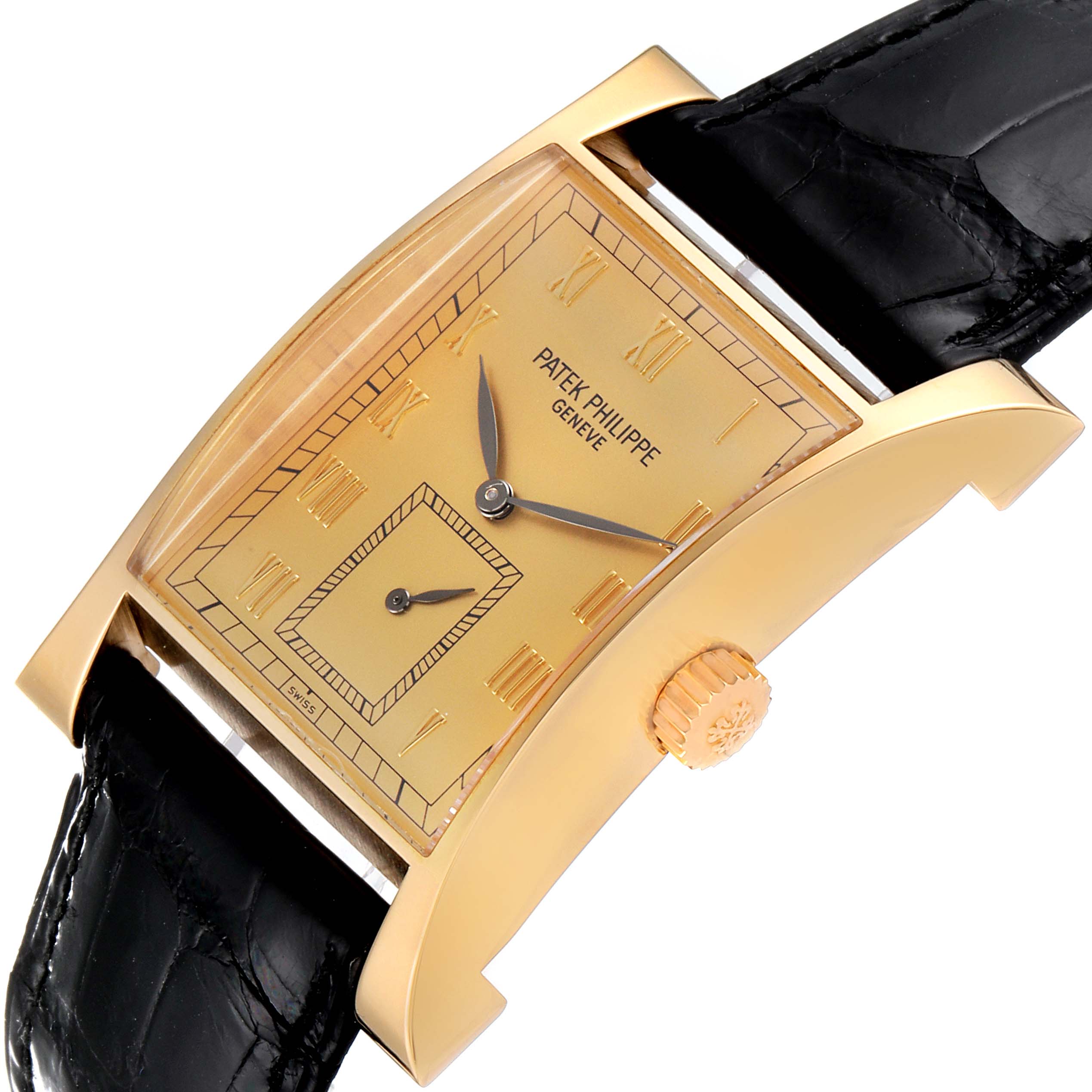 The image shows a Patek Philippe Pagoda 5500 Men's Yellow Gold Champagne Dial 5500 Men's Yellow Gold Champagne Dial Yellow Gold Limited Edition Men's Watch 5500J with a black leather strap and crown.