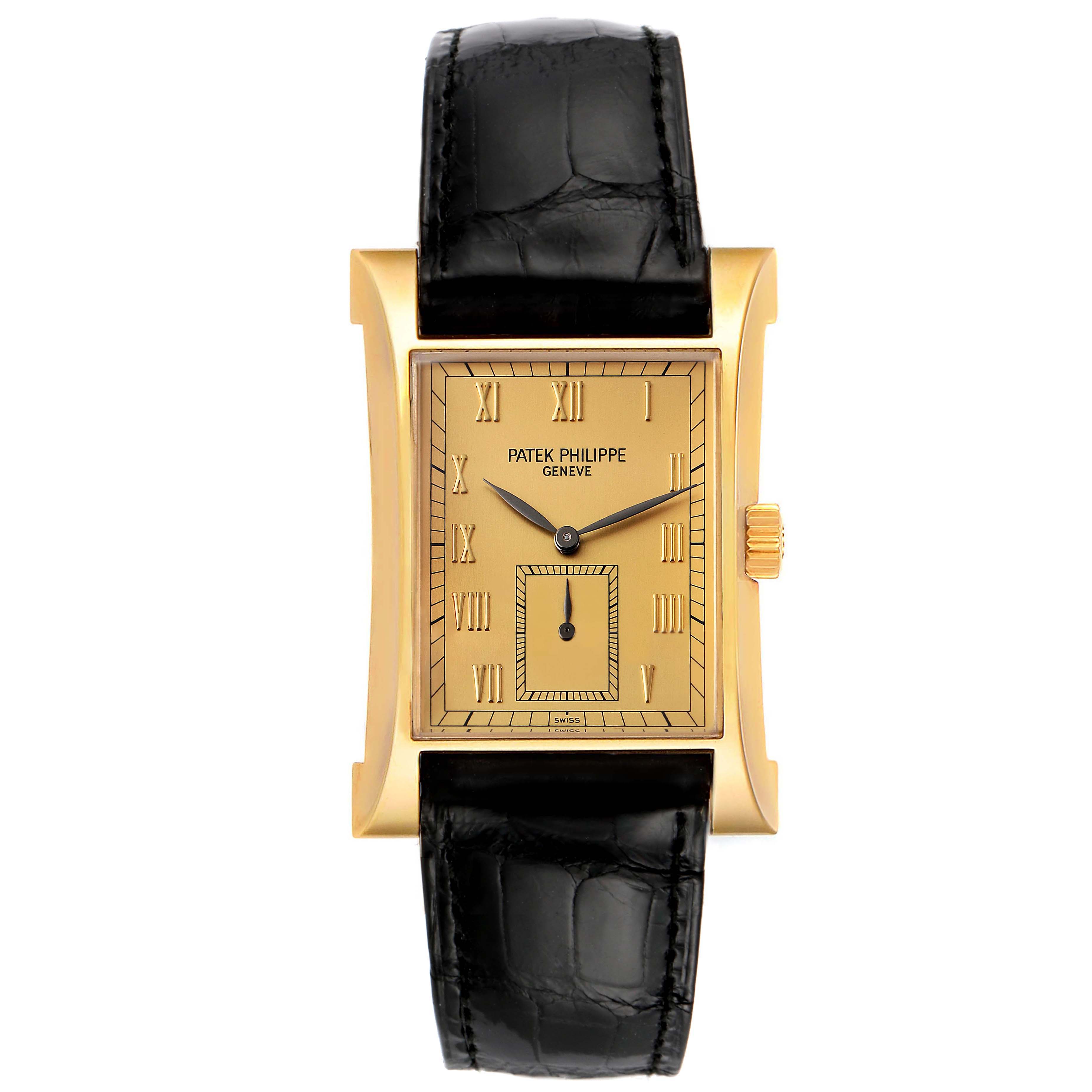 This image shows a front view of the Patek Philippe Pagoda 5500 Men's Yellow Gold Champagne Dial 5500 Men's Yellow Gold Champagne Dial Yellow Gold Limited Edition Men's Watch 5500J with a black leather strap.