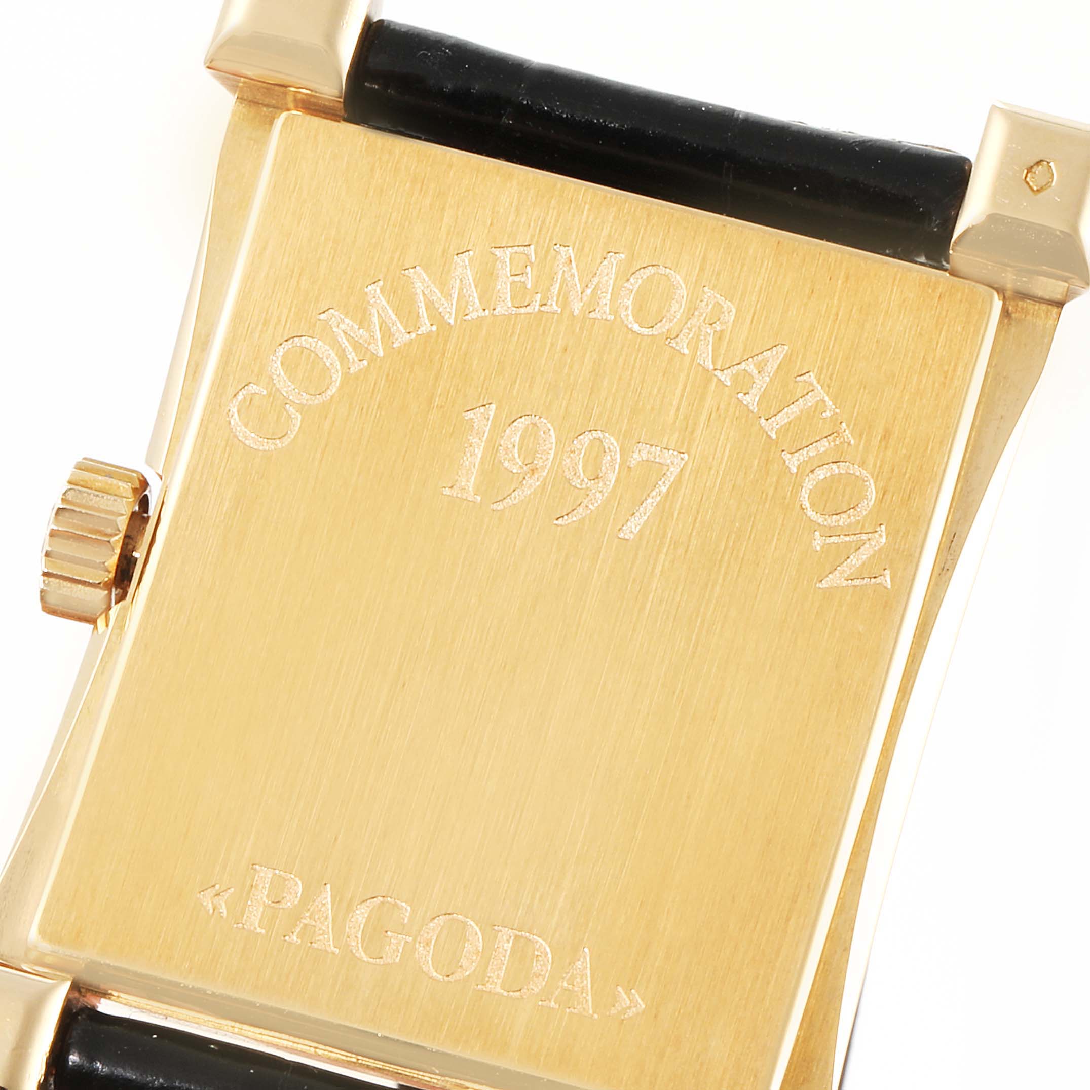 This image shows the case back and crown of the Patek Philippe Pagoda 5500 Men's Yellow Gold Champagne Dial 5500 Men's Yellow Gold Champagne Dial Yellow Gold Limited Edition Mens Watch 5500J Box model.