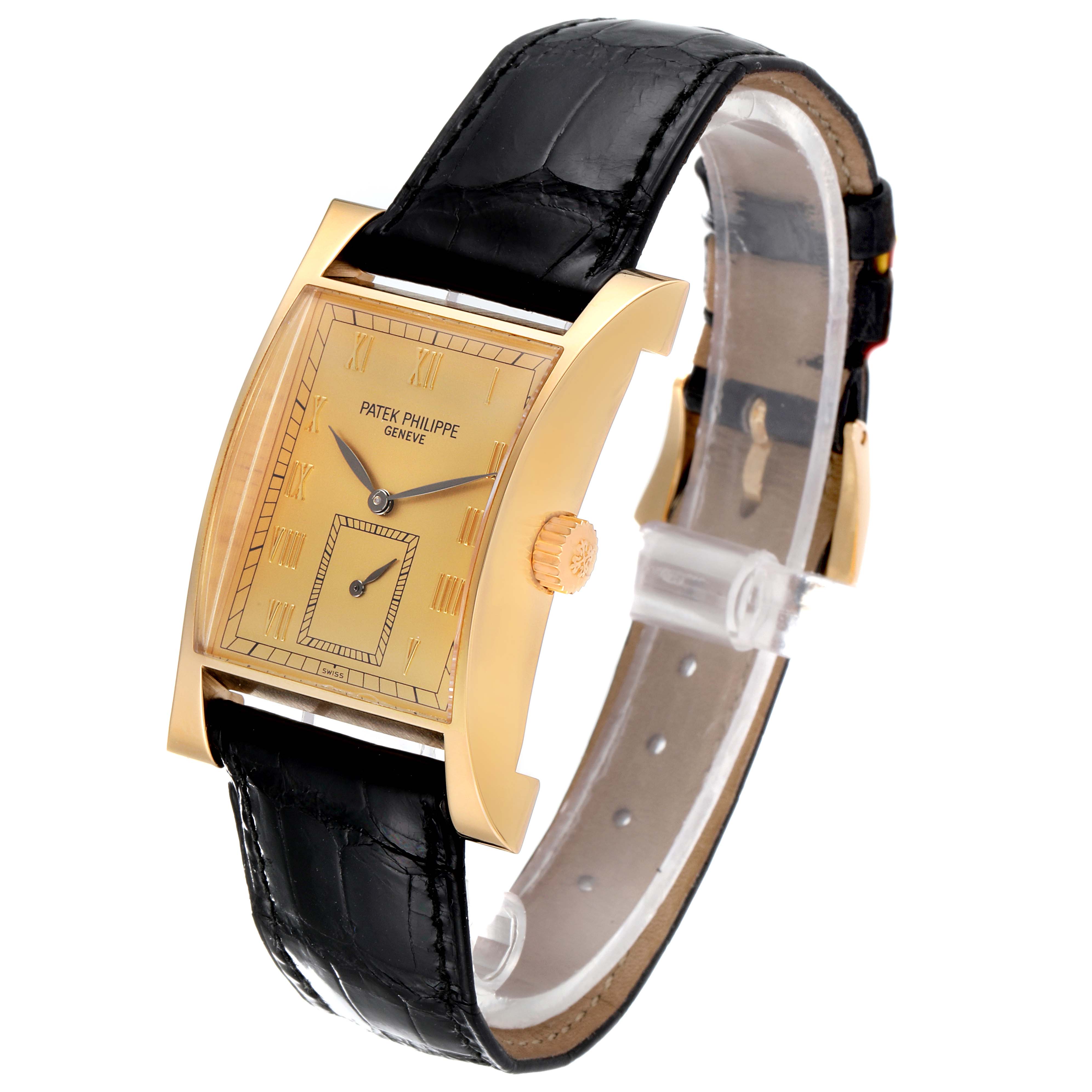 The image shows a side-angle view of a Patek Philippe Pagoda 5500 Men's Yellow Gold Champagne Dial 5500 Men's Yellow Gold Champagne Dial Yellow Gold Limited Edition Mens Watch 5500J Box model, highlighting its rectangular dial and leather strap.