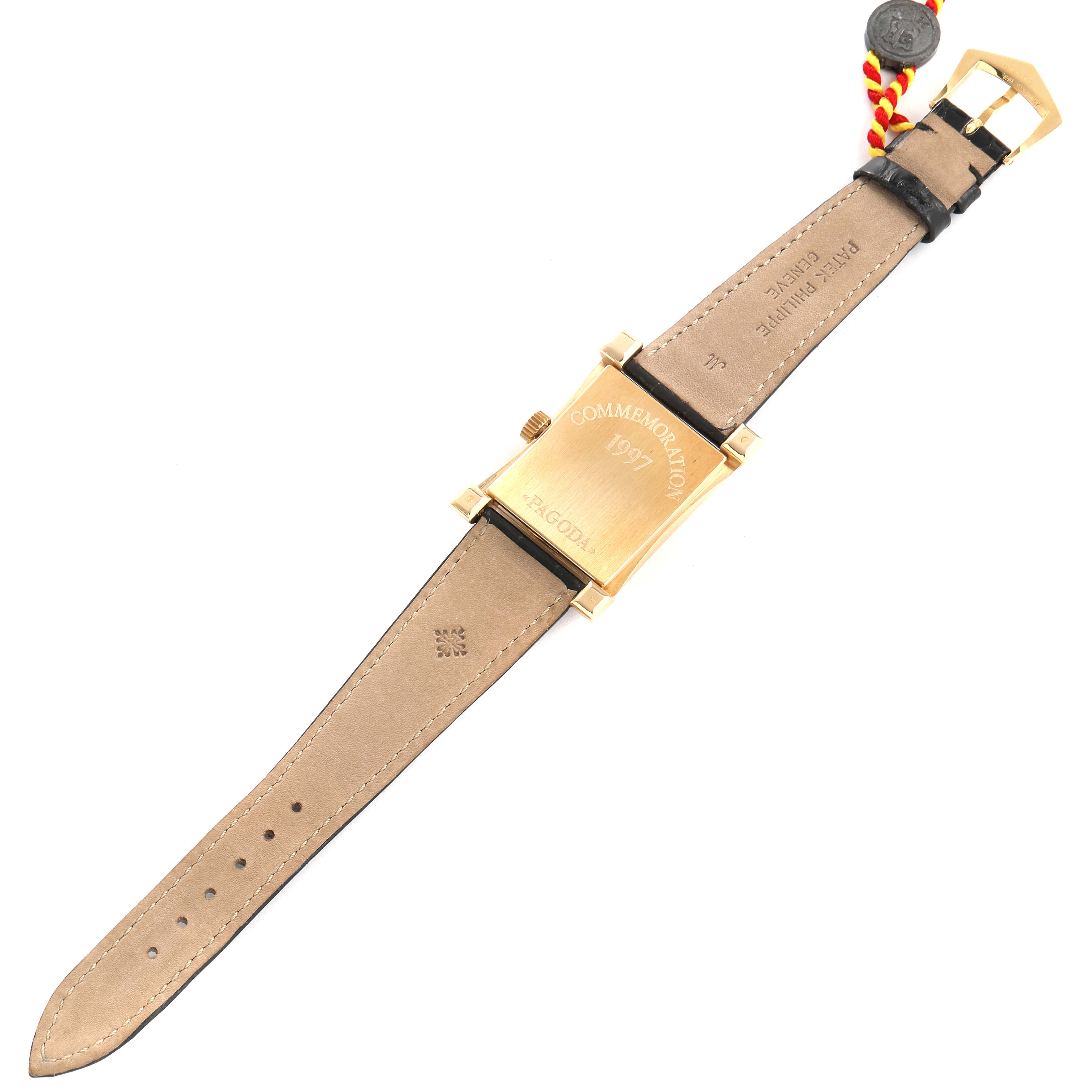 The image shows the back view of the Patek Philippe Pagoda 5500 Men's Yellow Gold Champagne Dial 5500 Men's Yellow Gold Champagne Dial Yellow Gold Limited Edition men's watch model 5500J.