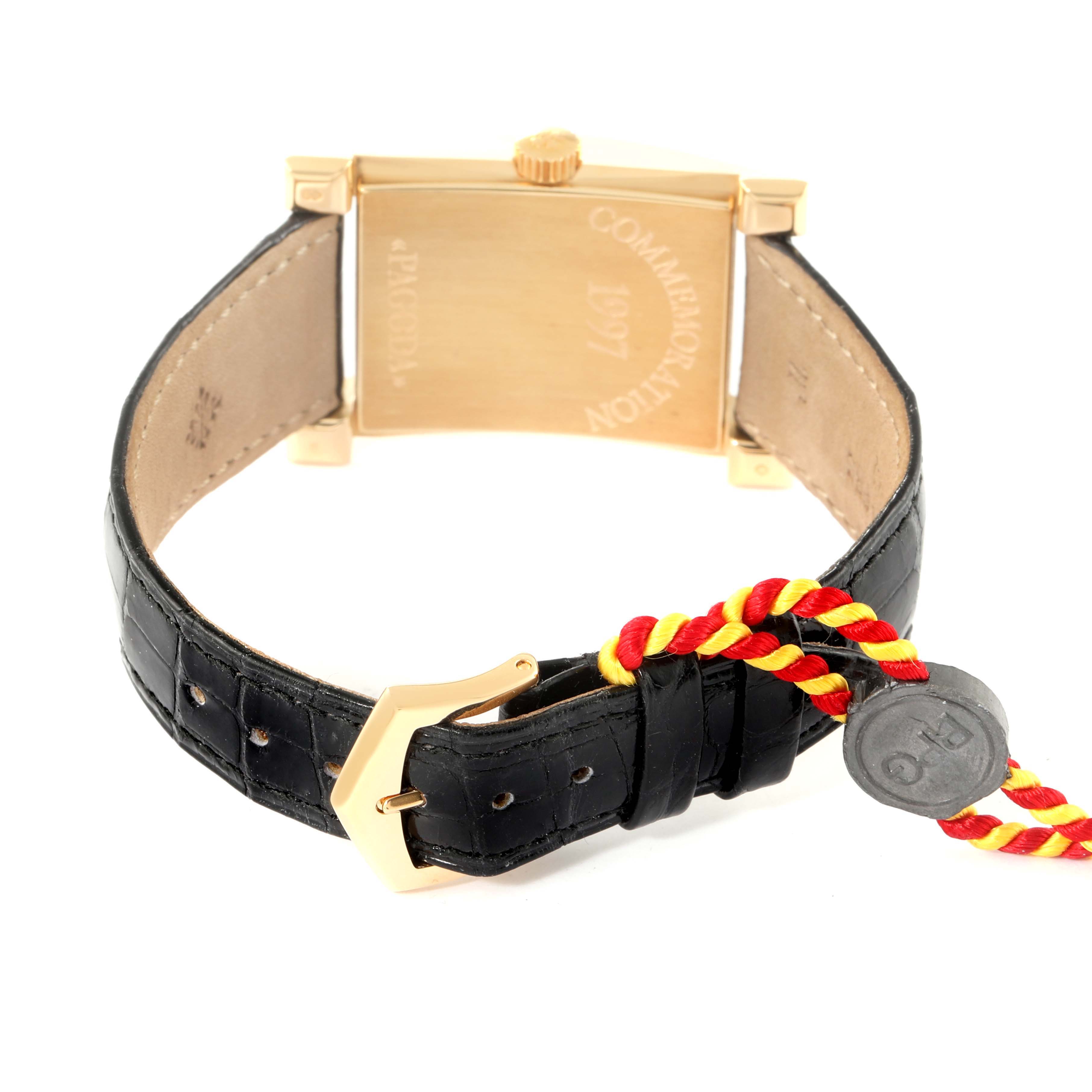 The image shows the back view of the Patek Philippe Pagoda 5500 Men's Yellow Gold Champagne Dial 5500 Men's Yellow Gold Champagne Dial Yellow Gold Limited Edition Mens Watch 5500J, focusing on the leather strap and clasp.