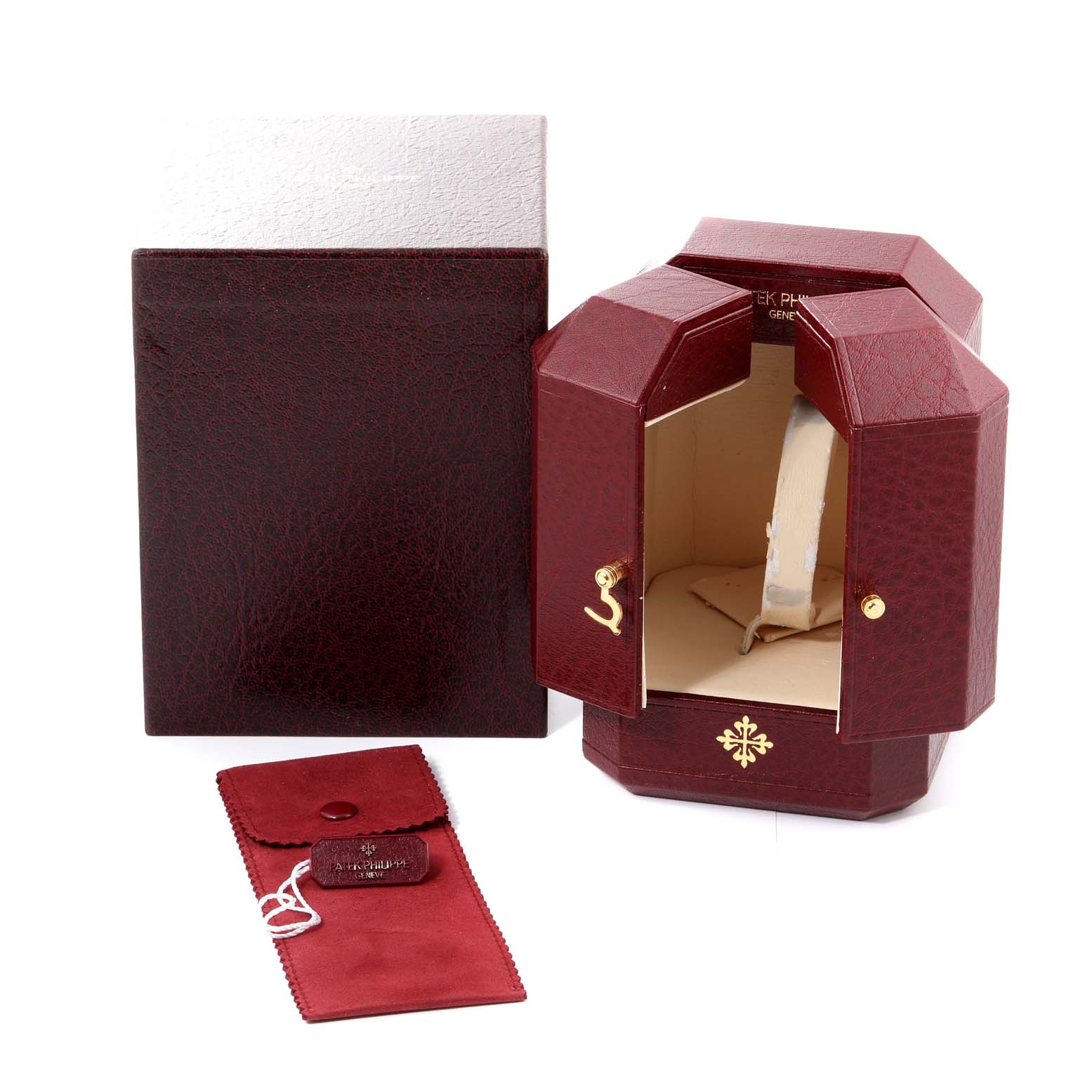 The image shows an open box and sleeve for a Patek Philippe Pagoda 5500 Men's Yellow Gold Champagne Dial 5500 Men's Yellow Gold Champagne Dial Yellow Gold Limited Edition Men's Watch 5500J.